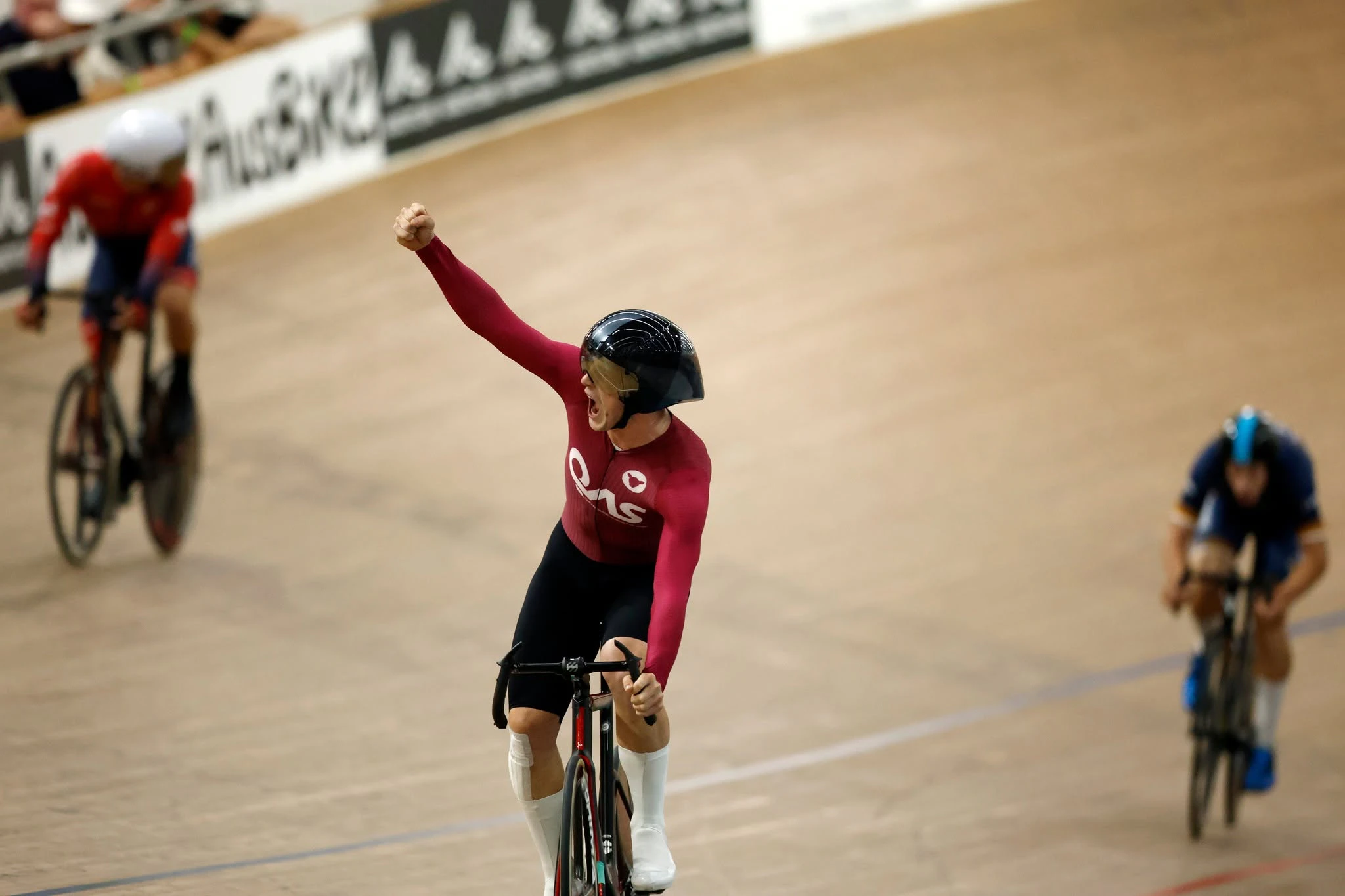 Liam Walsh celebrates winning the Quest Ivanhoe 128th Austral Wheelrace in Melbourne. Picture: Con Chronis