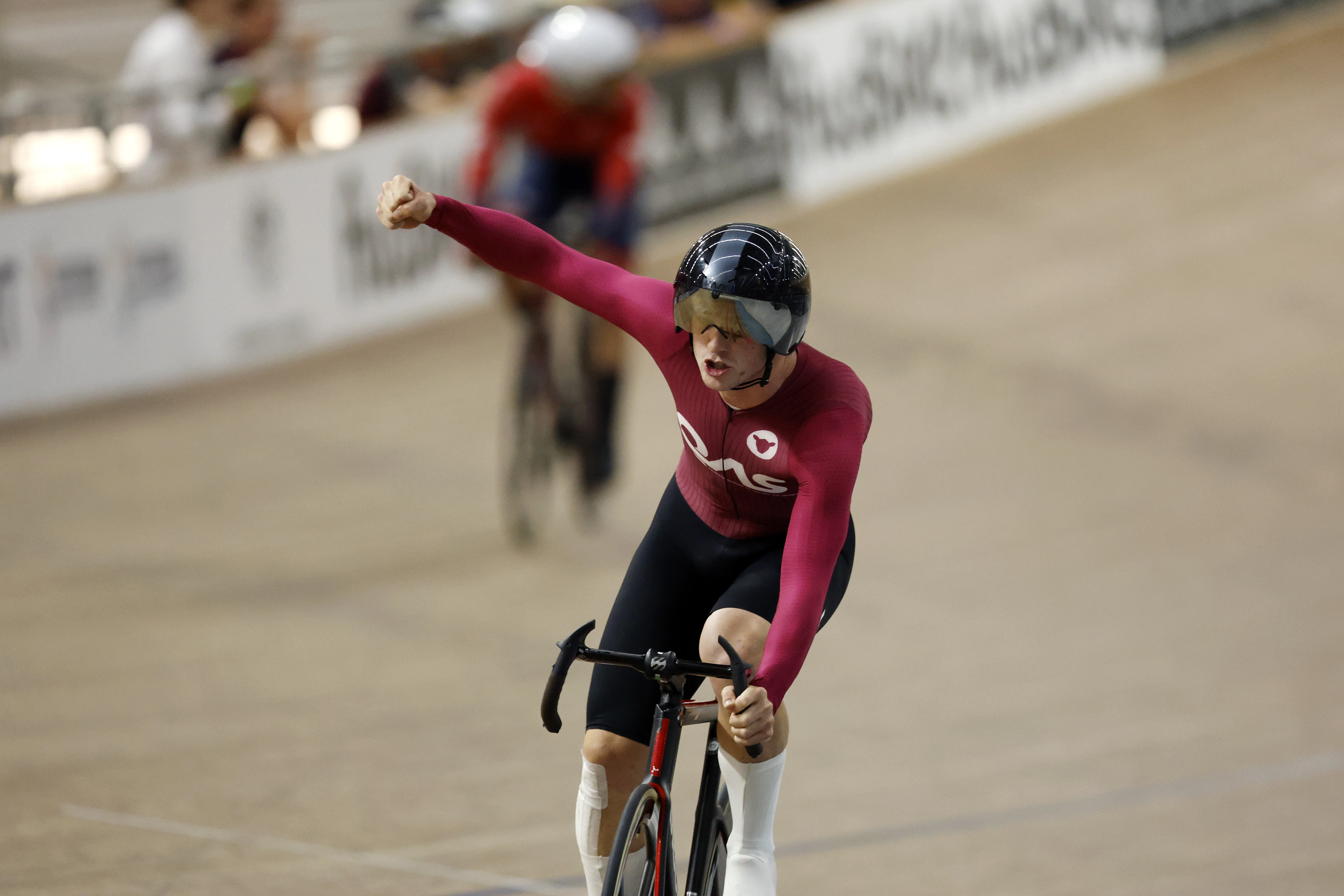 Liam Walsh celebrating winning the Quest Ivanhoe 128th Austral Wheelrace. Picture: Con Chronis