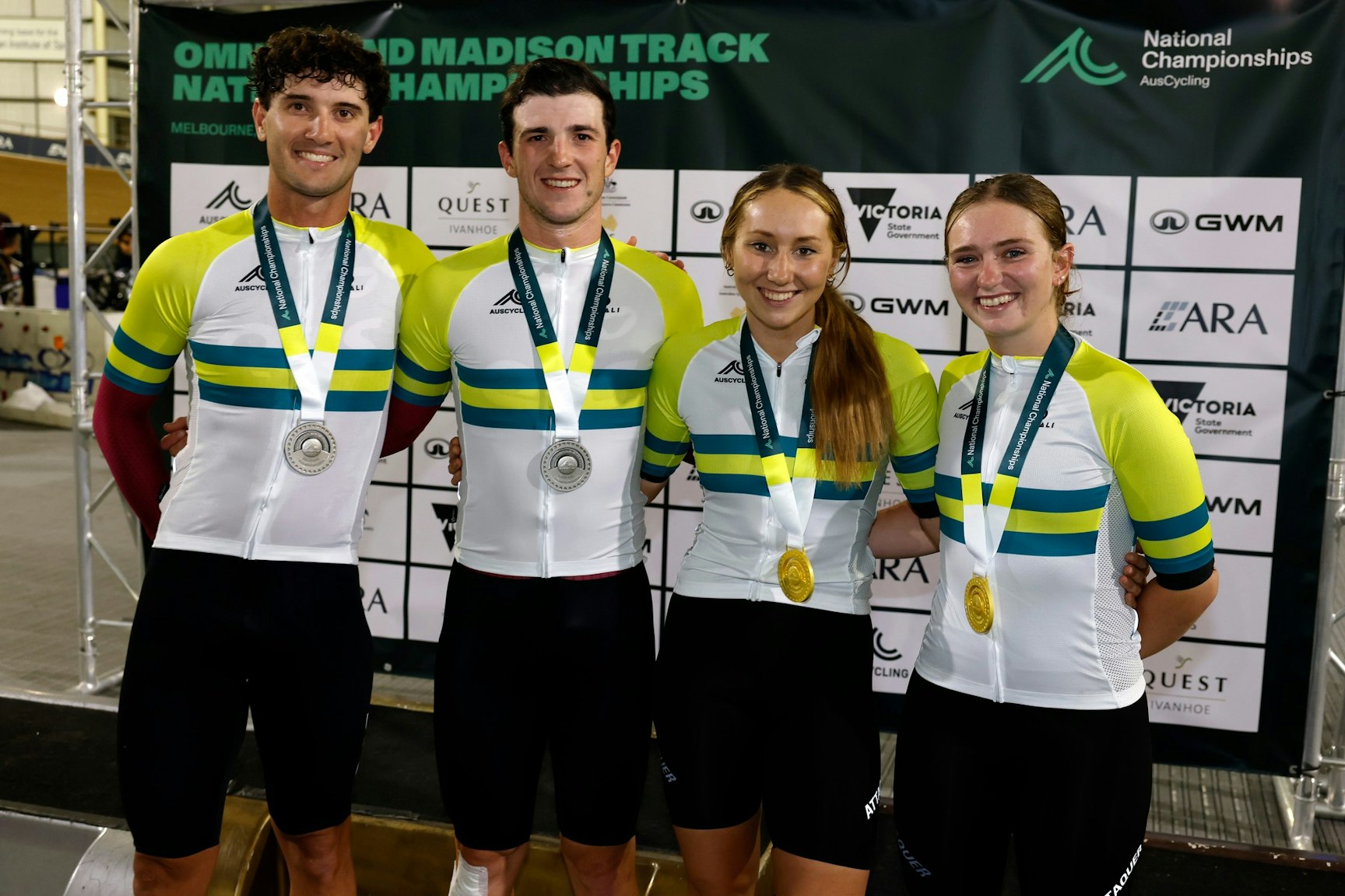 Blake Quick and Liam Walsh next to Maeve Plouffe and Nicole Duncan - 2025 Madison national champions. Picture: Con Chronis