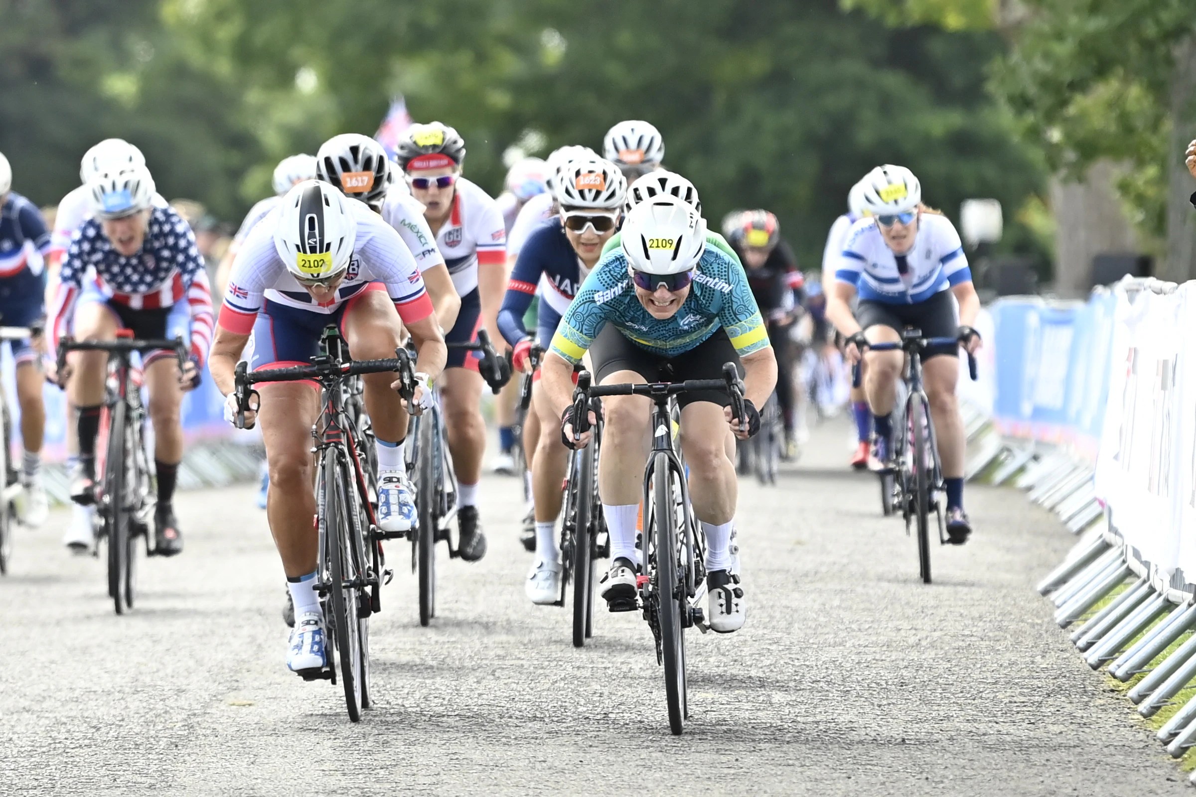 An Australian and Great Britain road cyclist sprint for the finish of the UCI Gran Fondo World Championships in Glasgow in 2023. Photo by SWpix.com