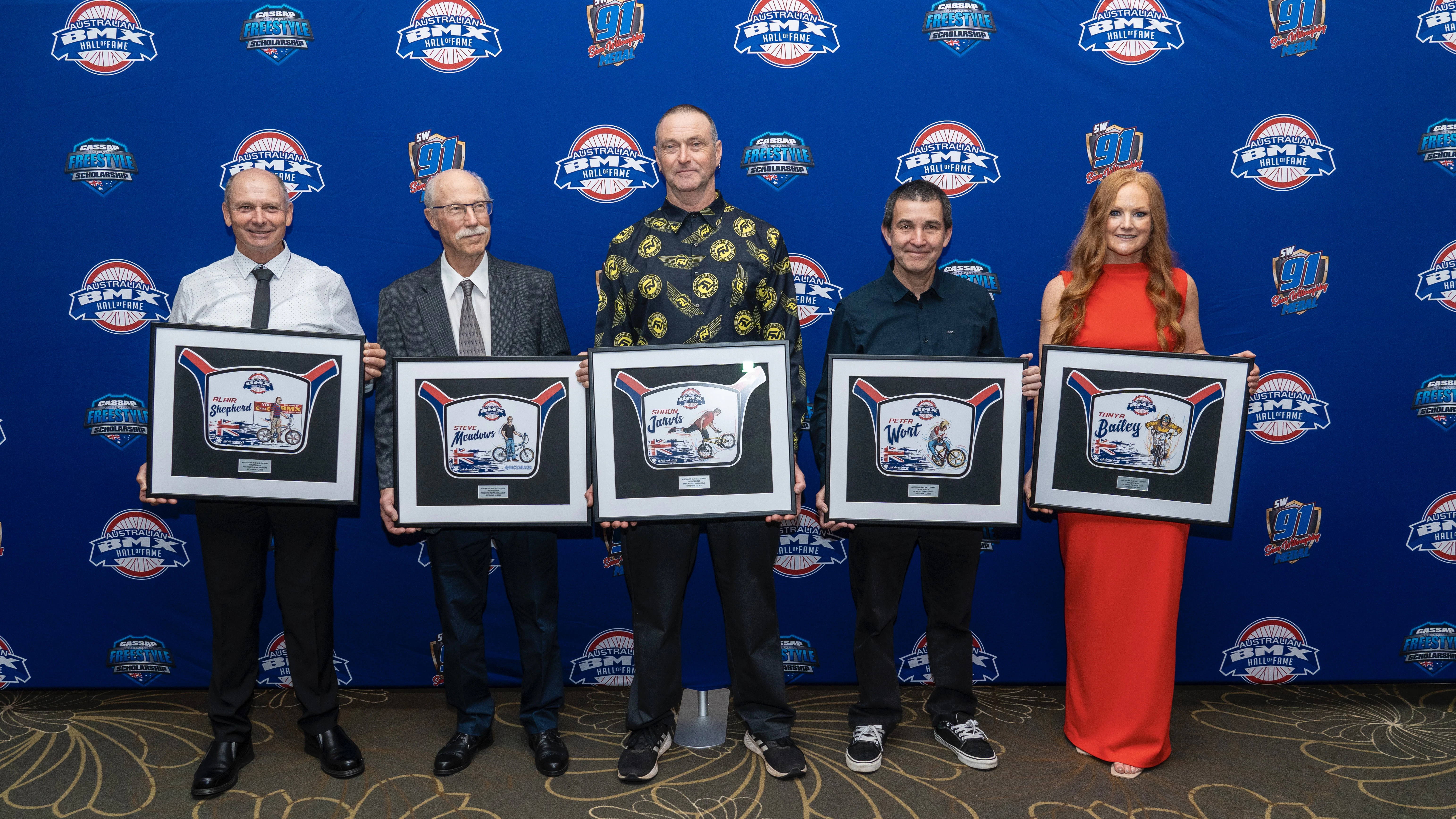 Australian BMX Hall of Fame 2025 inductees (Scott Shepherd on behalf of late father Blair, Steve Meadows, Shaun Jarvis, Peter Wort and Tanya Bailey.