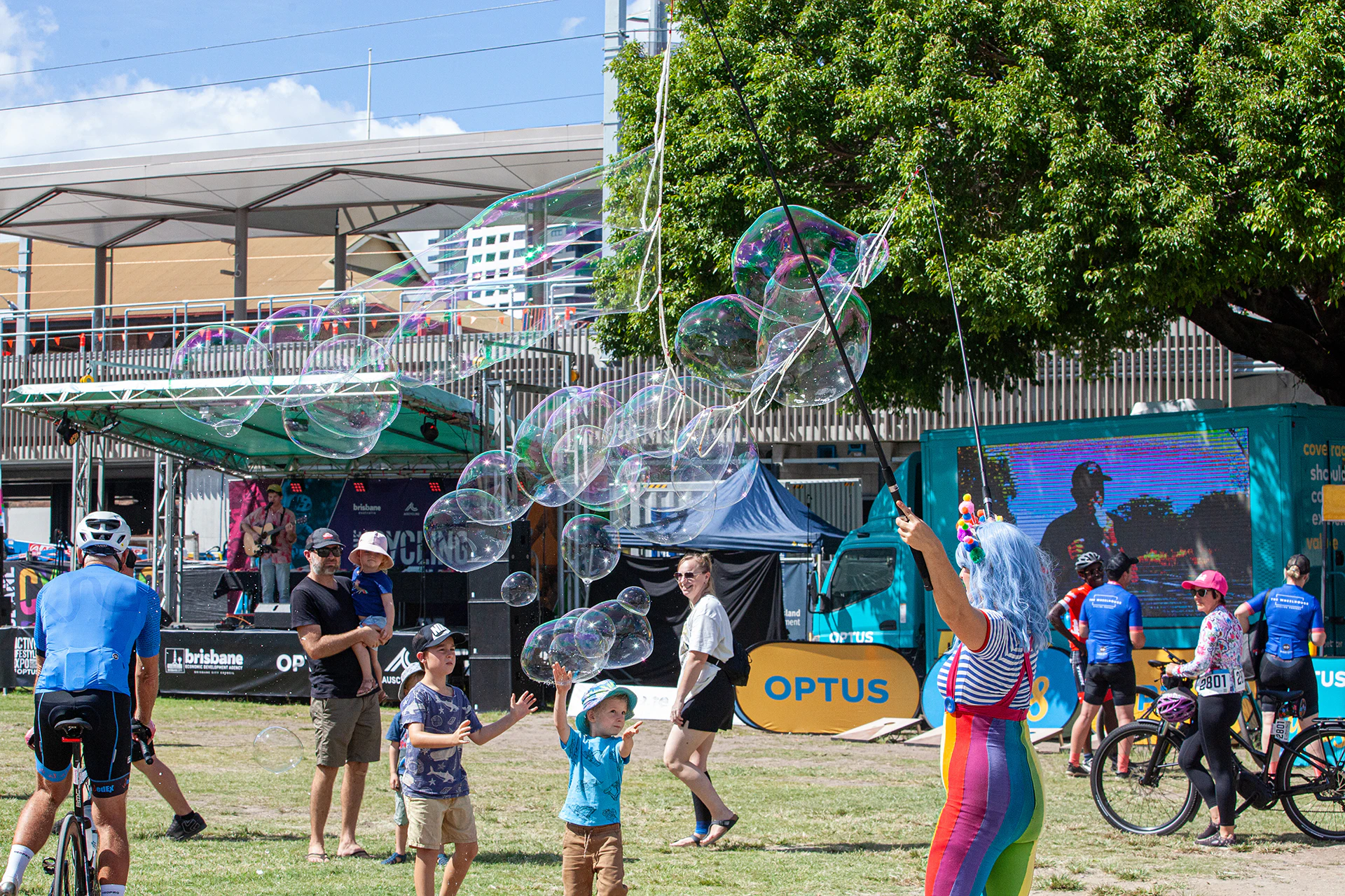 Bubble blowing and music at Active Lifestyle Expo