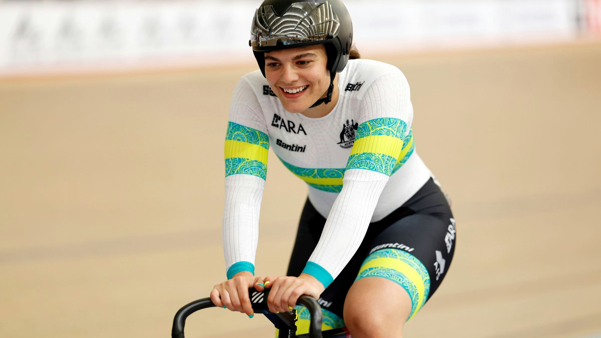 Alessia McCaig smiles after a race for the ARA Australian Cycling Team in track cycling at a UCI World Cup
