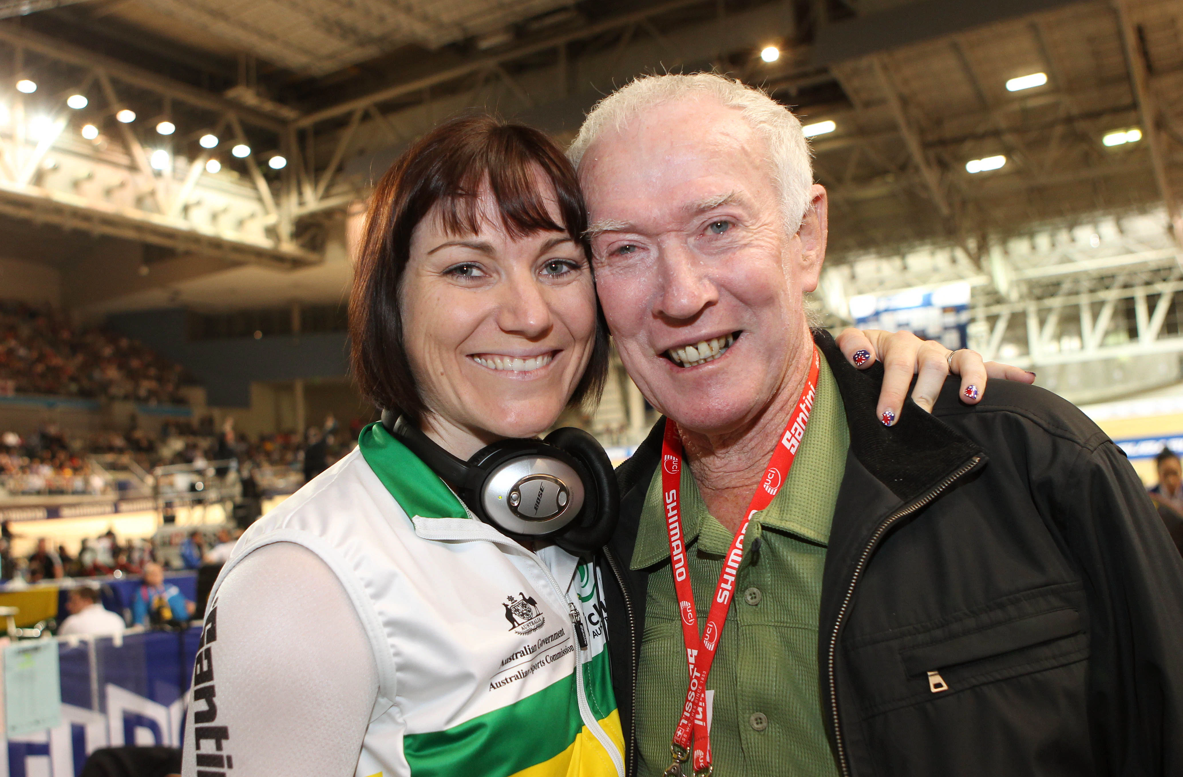 Anna Meares and Ken 'Reggie' Tucker at the 2012 UCI Track World Championships in Melbourne. Picture: John Veage.