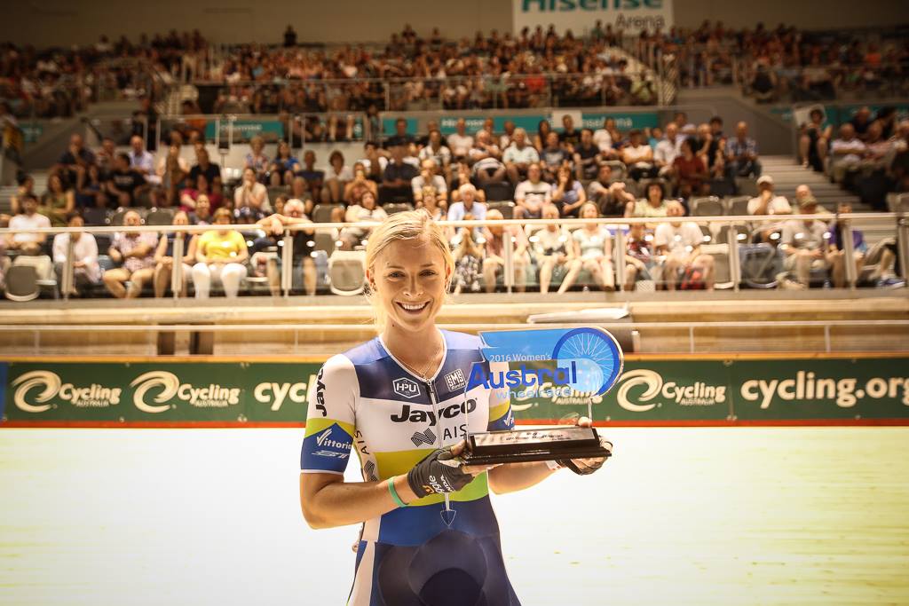 Annette Edmondson won the 2015 women's Austral Wheelrace. Picture: Con Chronis