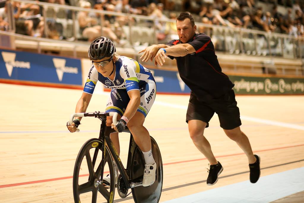 Annette Edmondson pushed by Jason Niblett at the start of the 2015 women's Austral Wheelrace. Picture: Con Chronis