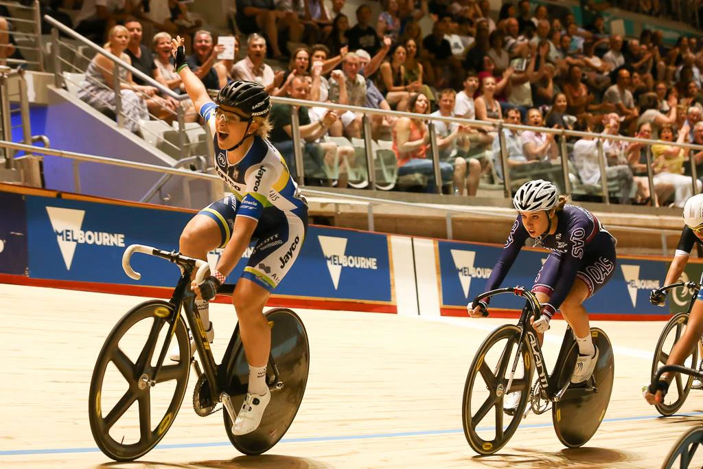 Annette Edmondson winning the 2015 women's Austral Wheelrace. Picture: Con Chronis