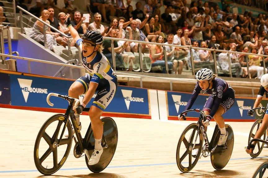 Annette Edmondson winning the 2015 women's Austral Wheelrace. Picture: Con Chronis