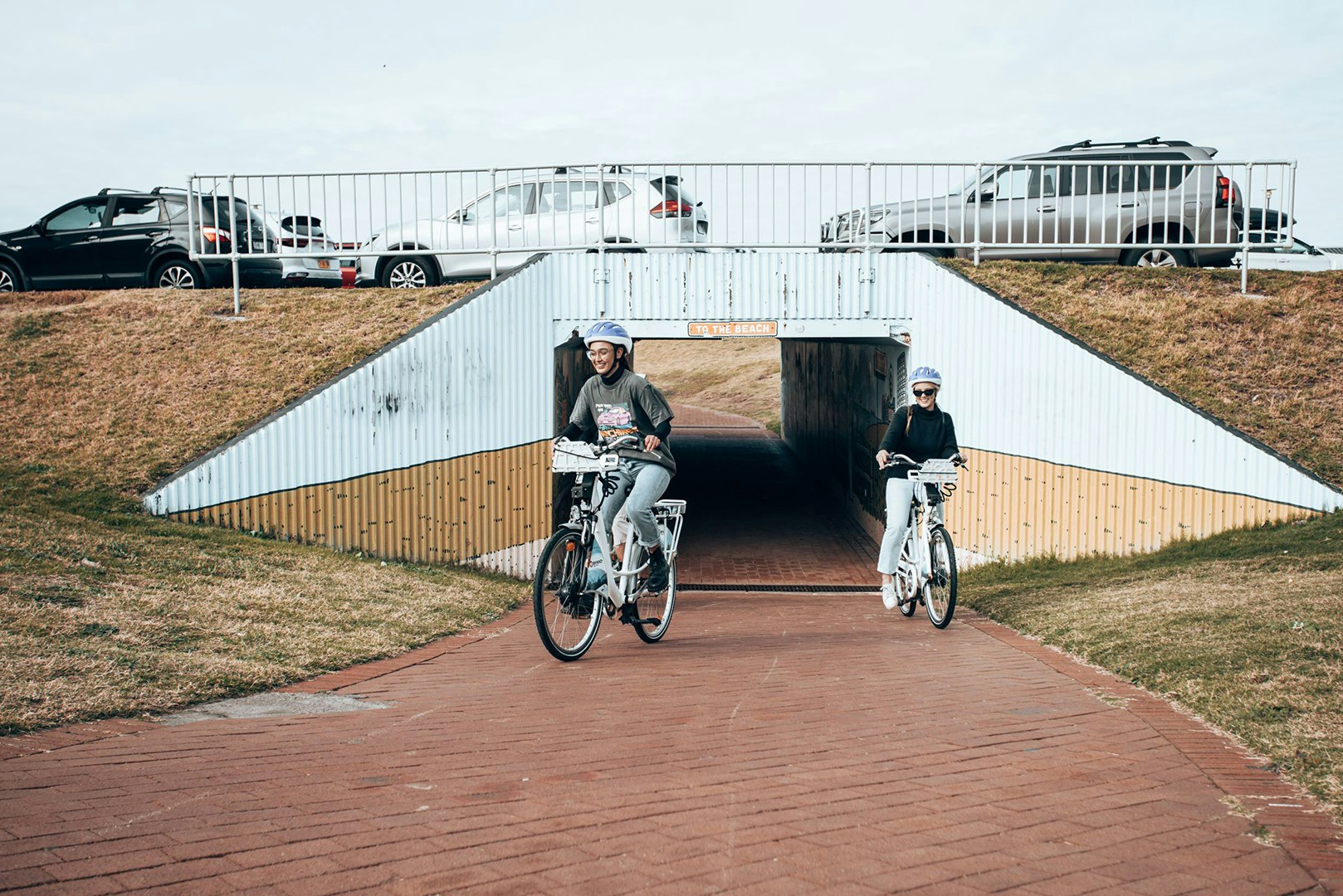 Recreational cyclists riding on path