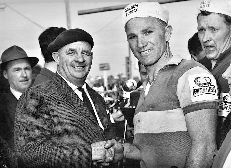 Not only an Austral winner but Bill Dove won the Warrnambool to Melbourne just months prior in back to back seasons. Seen here being congratulated by Hubert Opperman, himself three times Fastest in the Warrnambool.