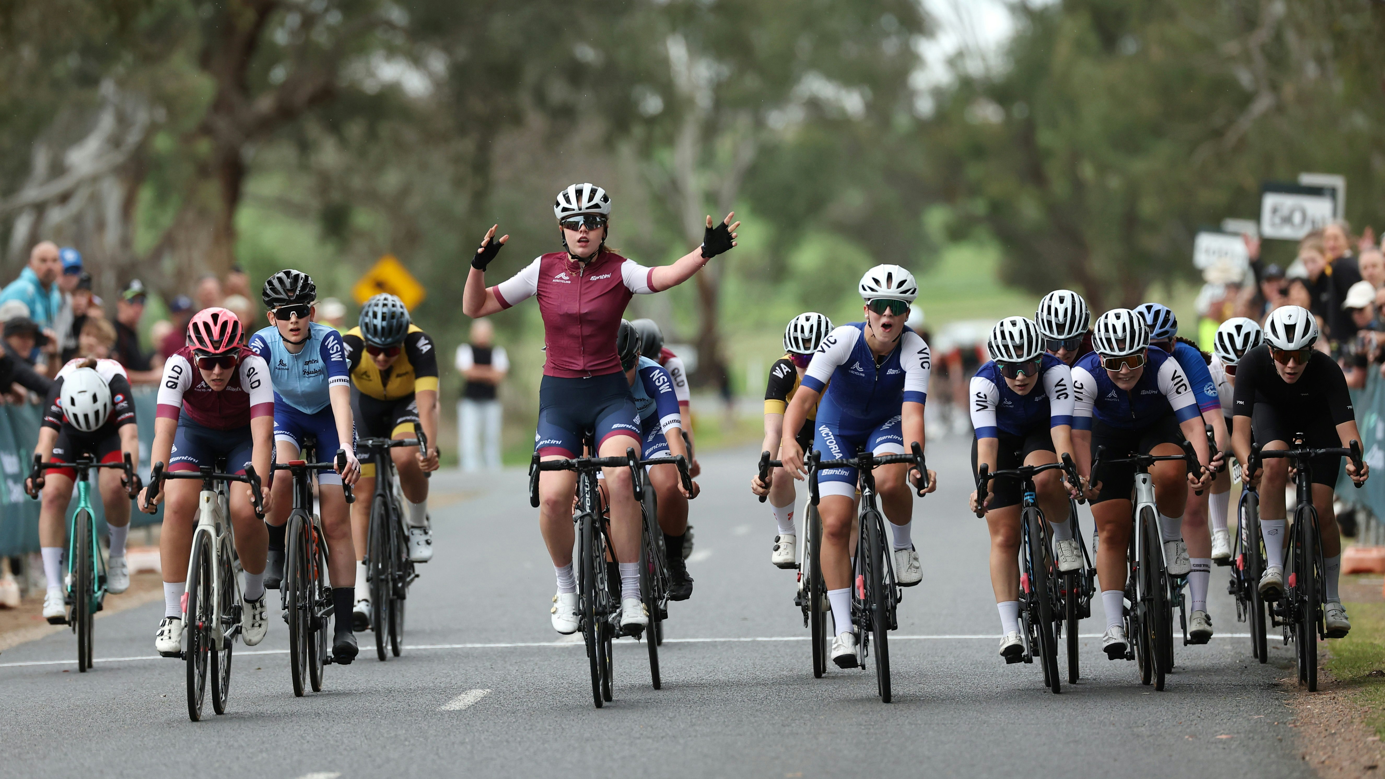 Ava Robbins of Queensland wins the under-17 women's road race of the AusCycling Junior Road National Championships in 2025 in Wagga Wagga