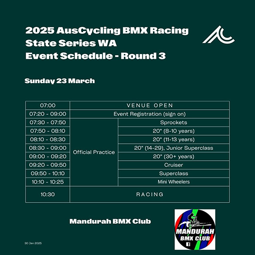 Event Schedule - 2025 AusCycling BMX Racing State Series - Western Australia - Round 3