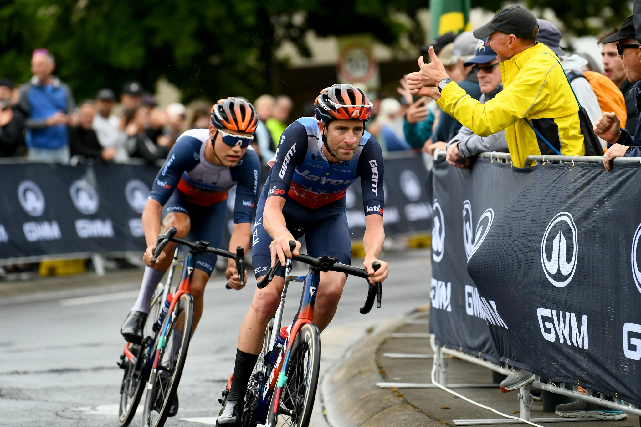 Chris Harper and Luke Plapp round the first corner of the 2024 Road National Championships elite men's road race. Picture: Josh Chadwick
