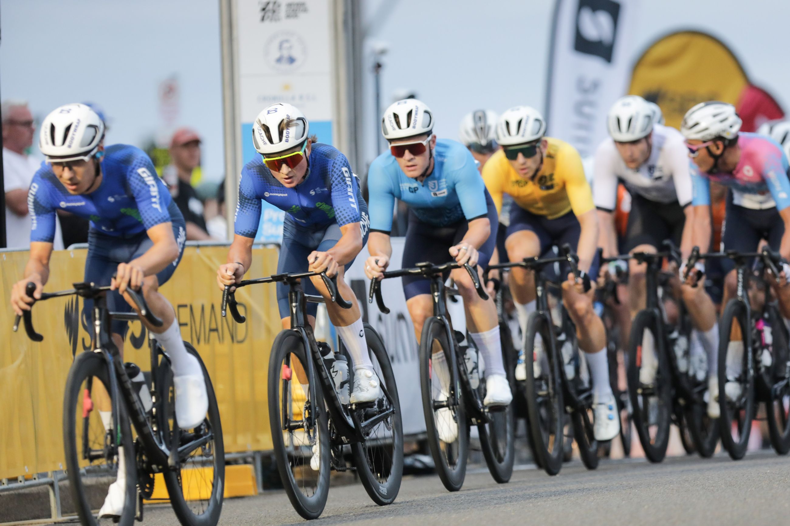 Cameron Scott behind Will Heffernan, Kurt Eather and the CCACHE x Bodywrap lead-out train during stage 2 of the men's Harbour City GP, part of the ProVelo Super League (PSL), in Cronulla