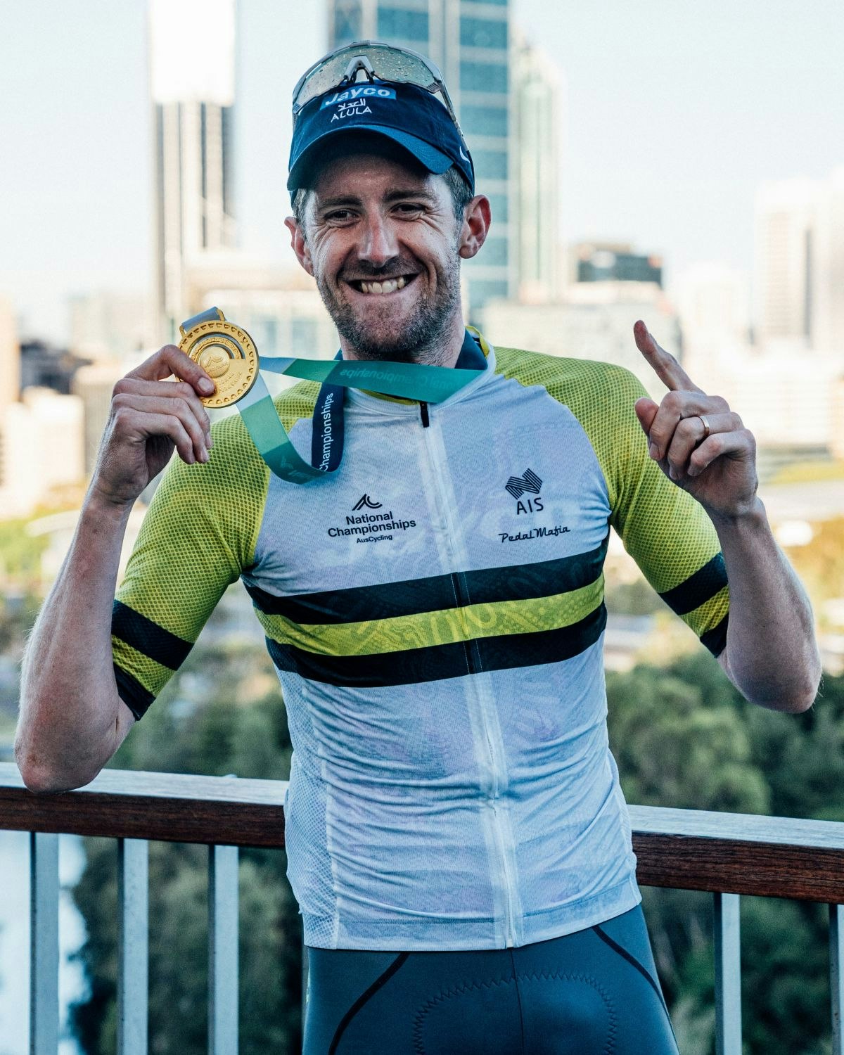 Australian cyclist Luke Durbridge with gold medal and jersey of national champion in Perth, 2025