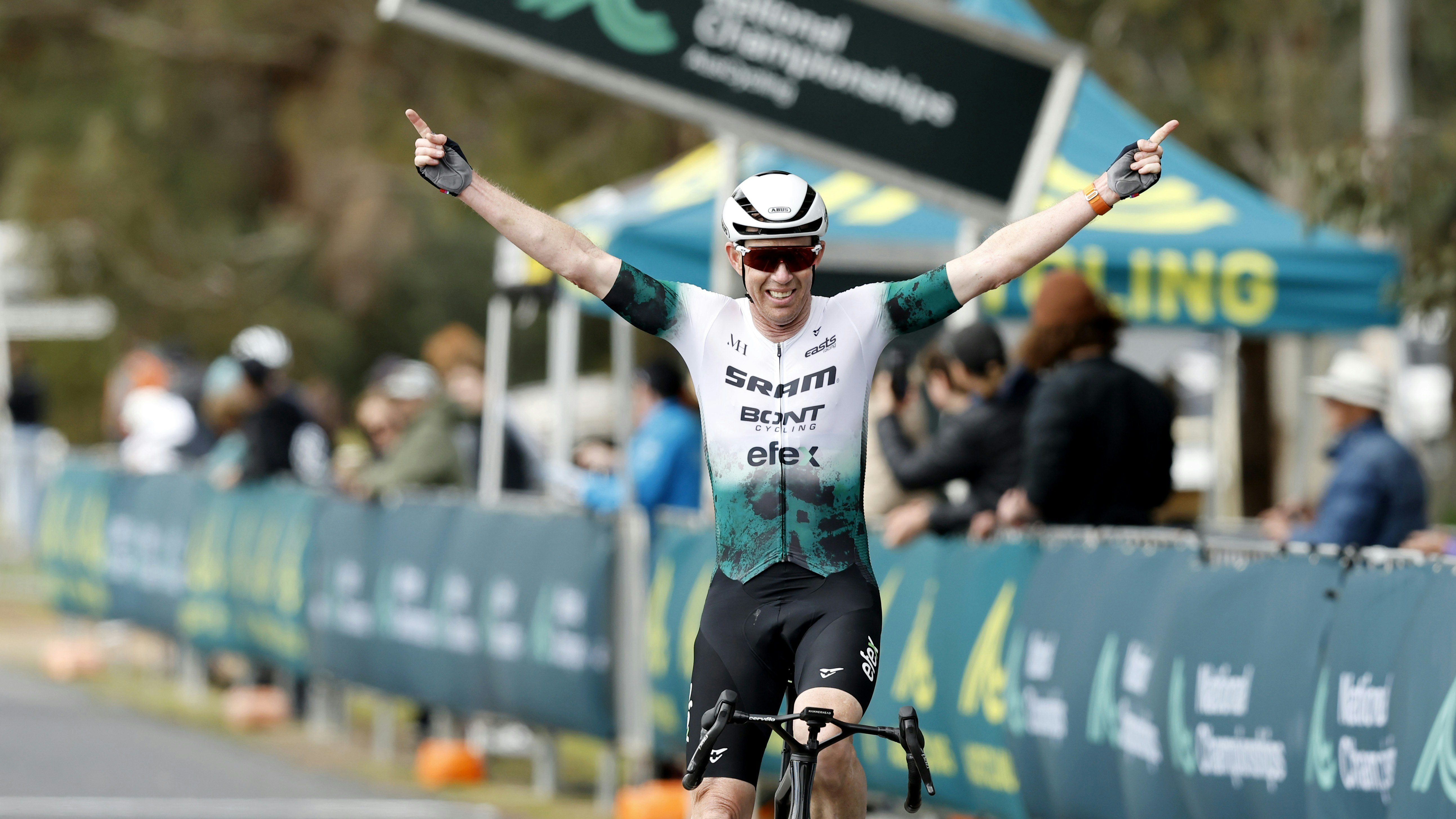David Evans wins a masters road race at the 2025 AusCycling Junior & Masters Road National Championships in Wagga Wagga