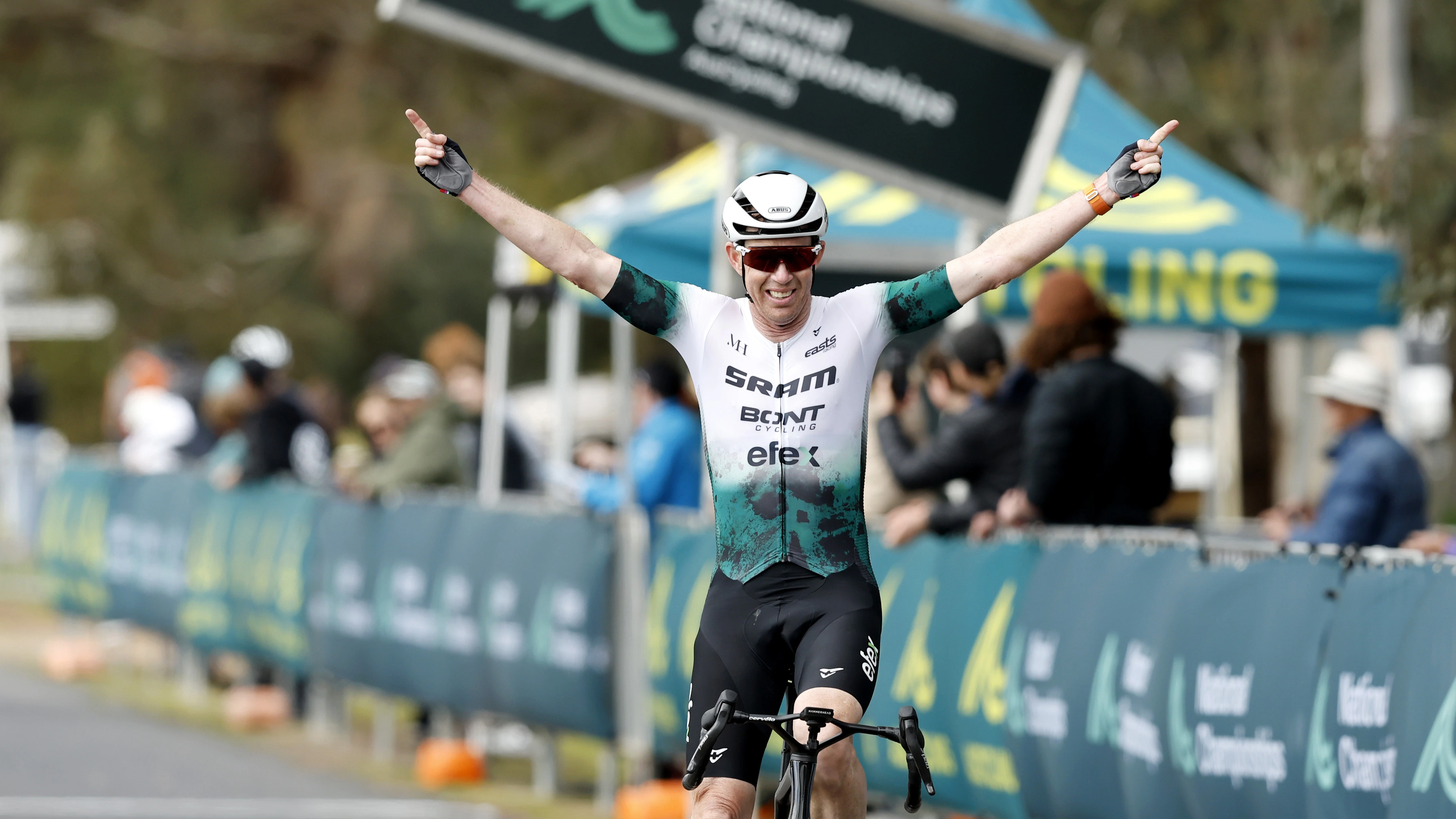 David Evans wins a masters road race at the 2025 AusCycling Junior & Masters Road National Championships in Wagga Wagga