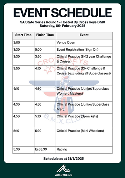 Event Schedule - 2025 AusCycling BMX Racing SA State Series - Round 1