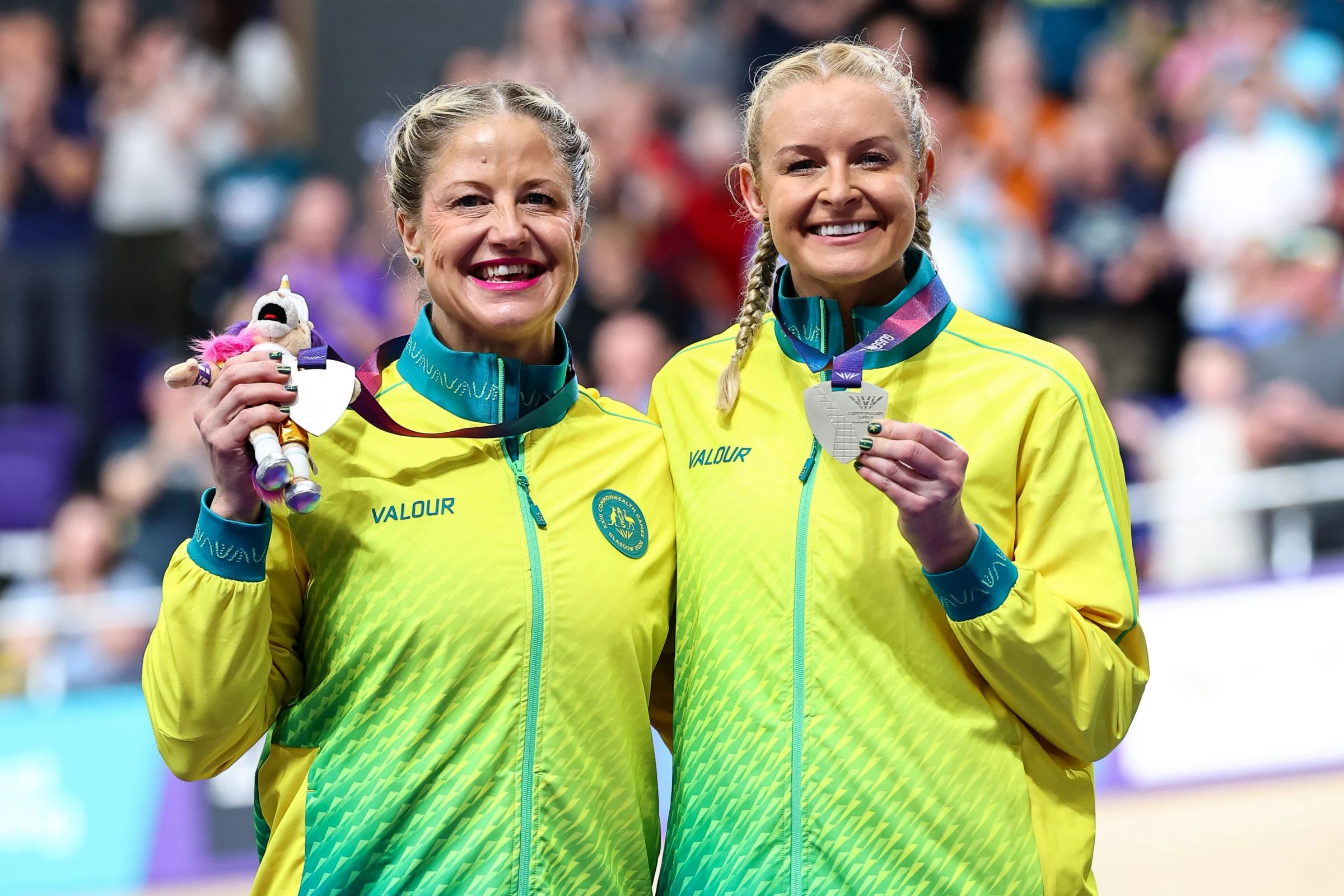 Jessica Gallagher and Jacqui Mengler-Mohr para cyclists of Australia pose with medals from the Tandem B 1km Time Trial at the Glasgow 2026 Commonwealth Games.
