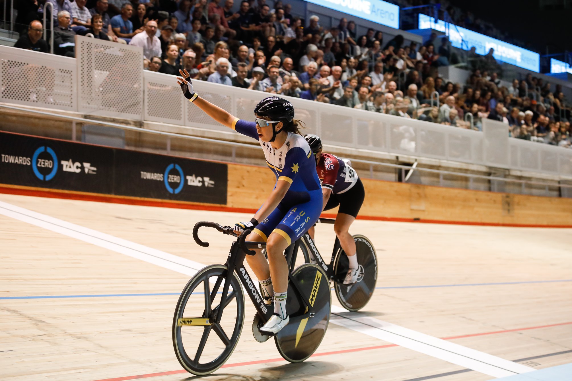 Georgia Baker celebrates after winning the 2019 women's Austral Wheelrace. Picture: Con Chronis