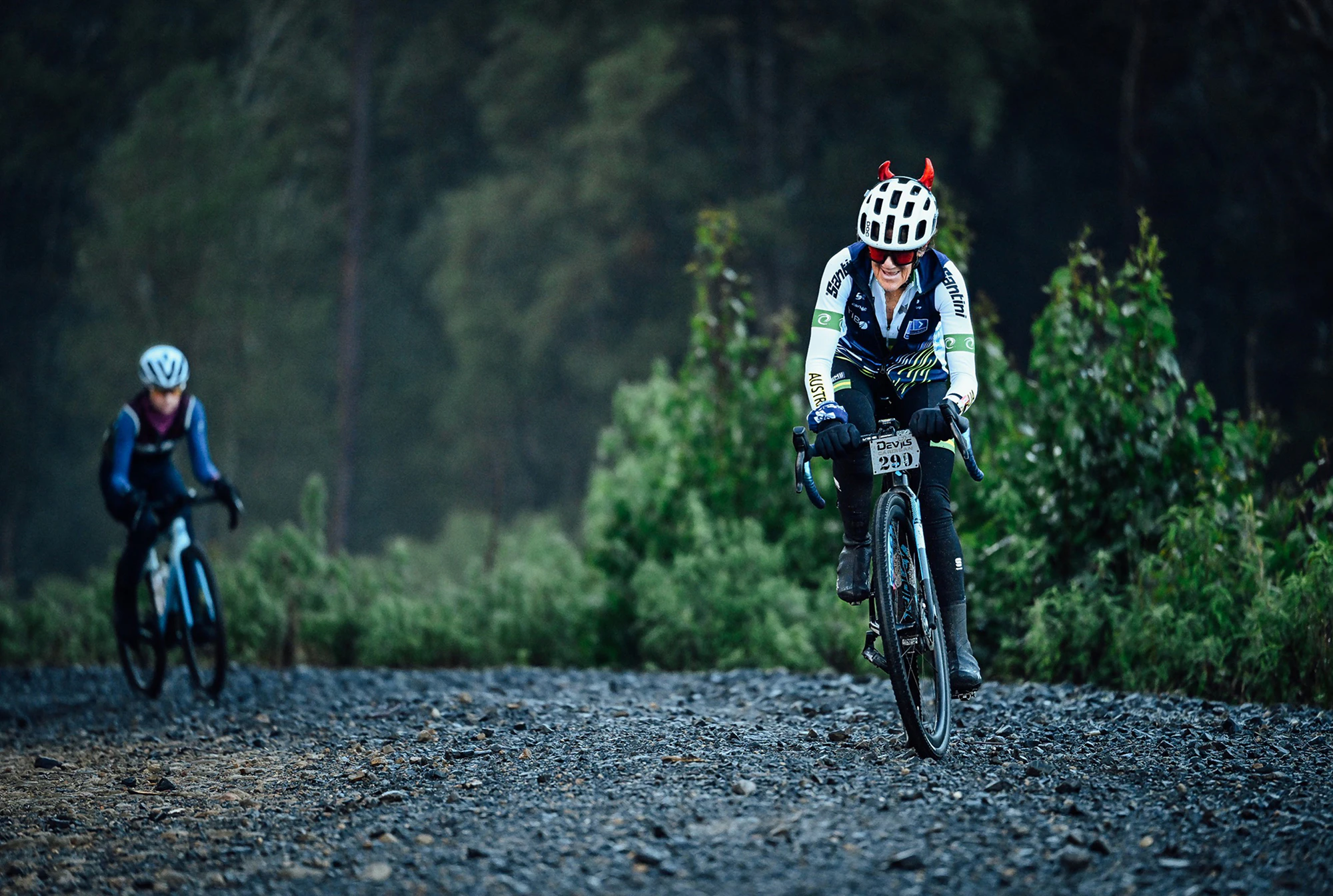 Two gravel bike riders racing