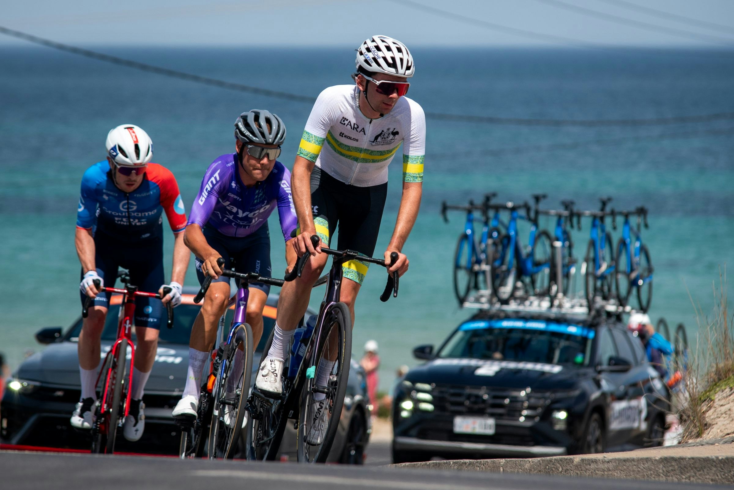 Australian cyclist Matthew Greenwood racing at the 2026 Santos Tour Down Under in the Stage 4 breakaway for the ARA Australian Cycling Team
