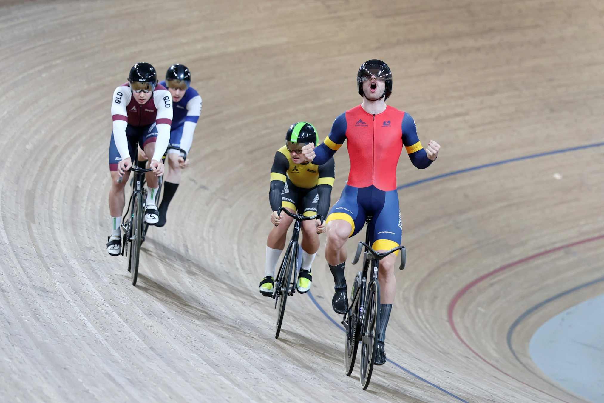 Leigh Hoffman celebrates winning the elite men's keirin at the 2026 AusCycling Track National Championships at the Anna Meares Velodrome in Brisbane