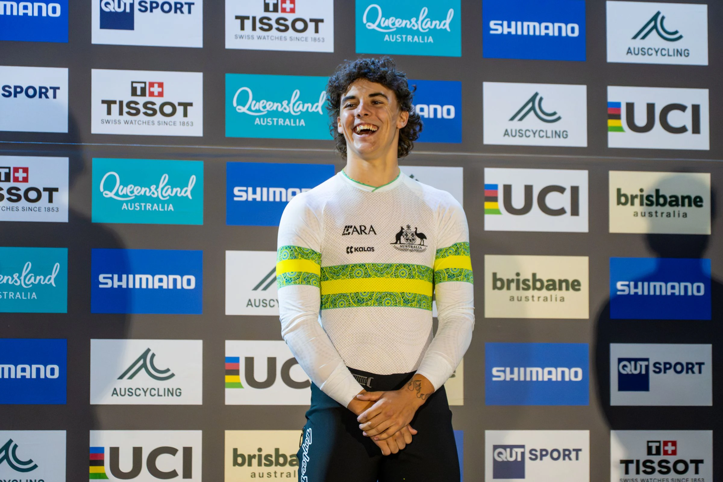 Joshua Josh Jolly on the podium after winning the elite men 2026 UCI BMX Racing World Championship in Brisbane