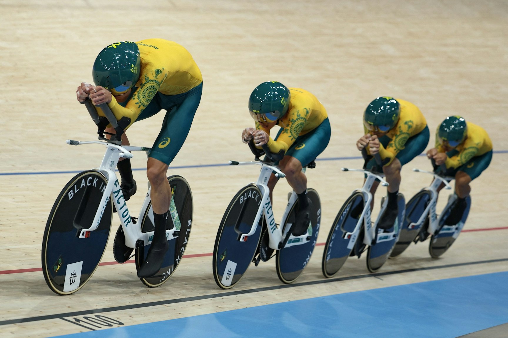 Kelland O'Brien, Oliver Bleddyn, Conor Leahy and Sam Welsford during their world record breaking first round ride at the Paris 2024 Olympic Games. Picture: Thomas Samson/Getty Images.
