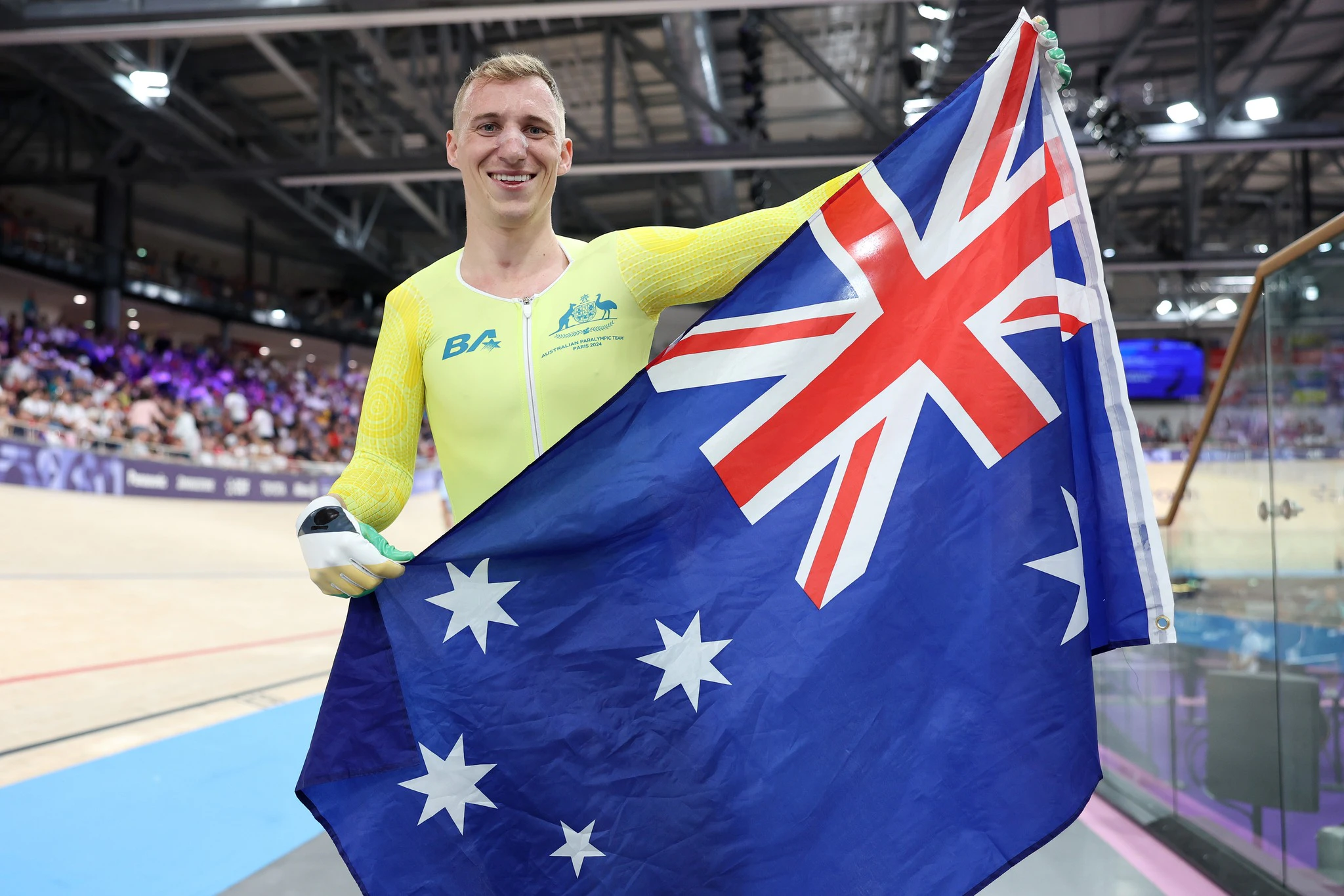 Korey Boddington after winning gold in the men's C4-5 1000m time trial at the Paris 2024 Paralympic Games. Picture: Michael Steele/Getty Images.