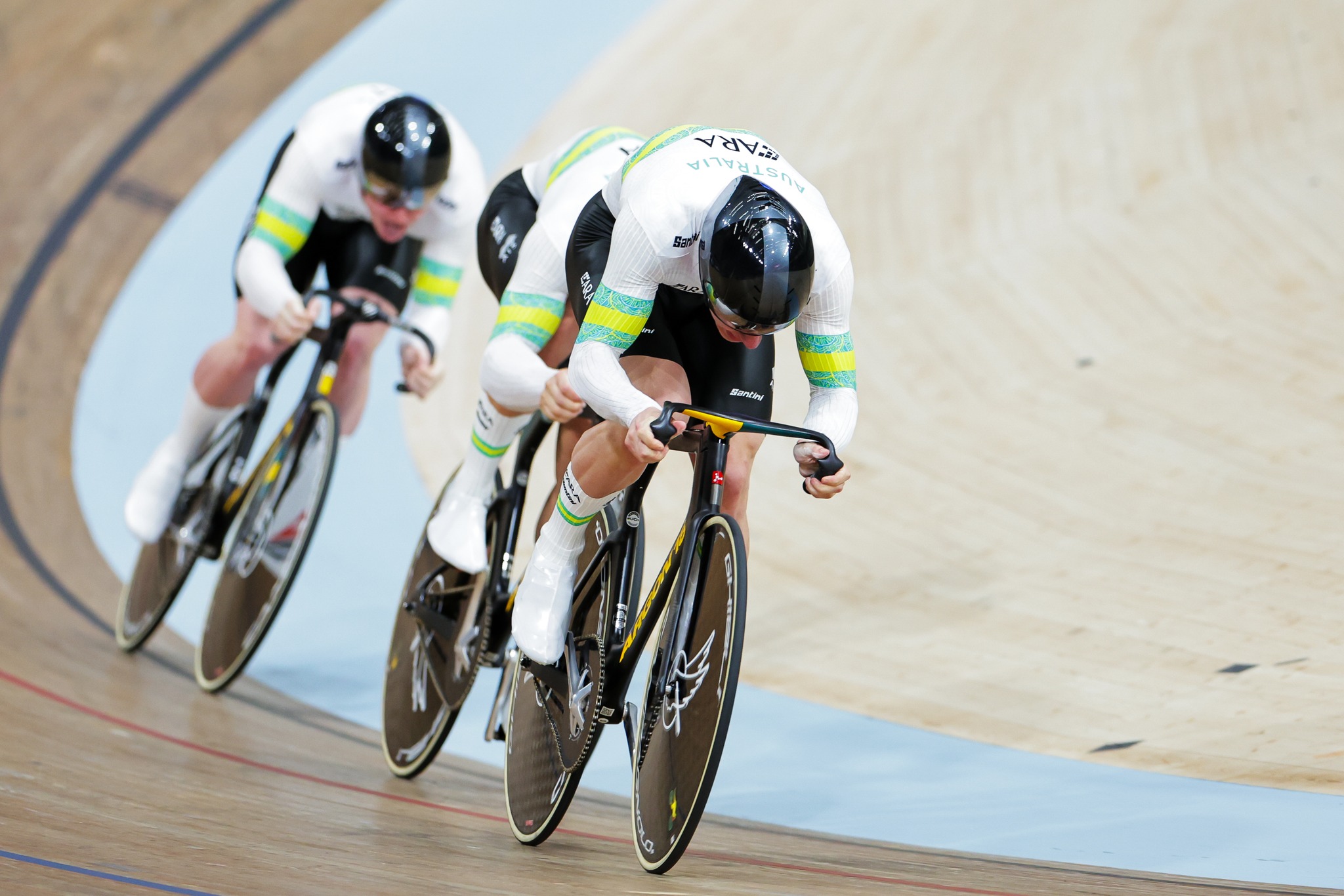 Leigh Hoffman starts Australia's team sprint qualifying at the 2023 UCI Track World Championships. Picture: Will Palmer/SWpix.com