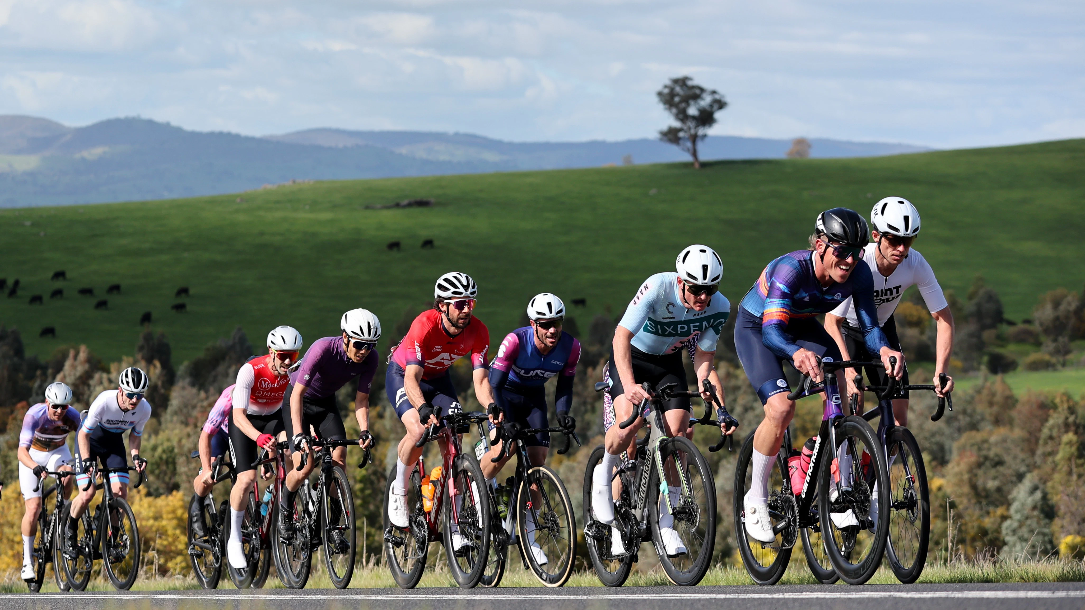 Masters men riders during their national championship road race in 2025 at the AusCycling Junior and Masters Road National Championships