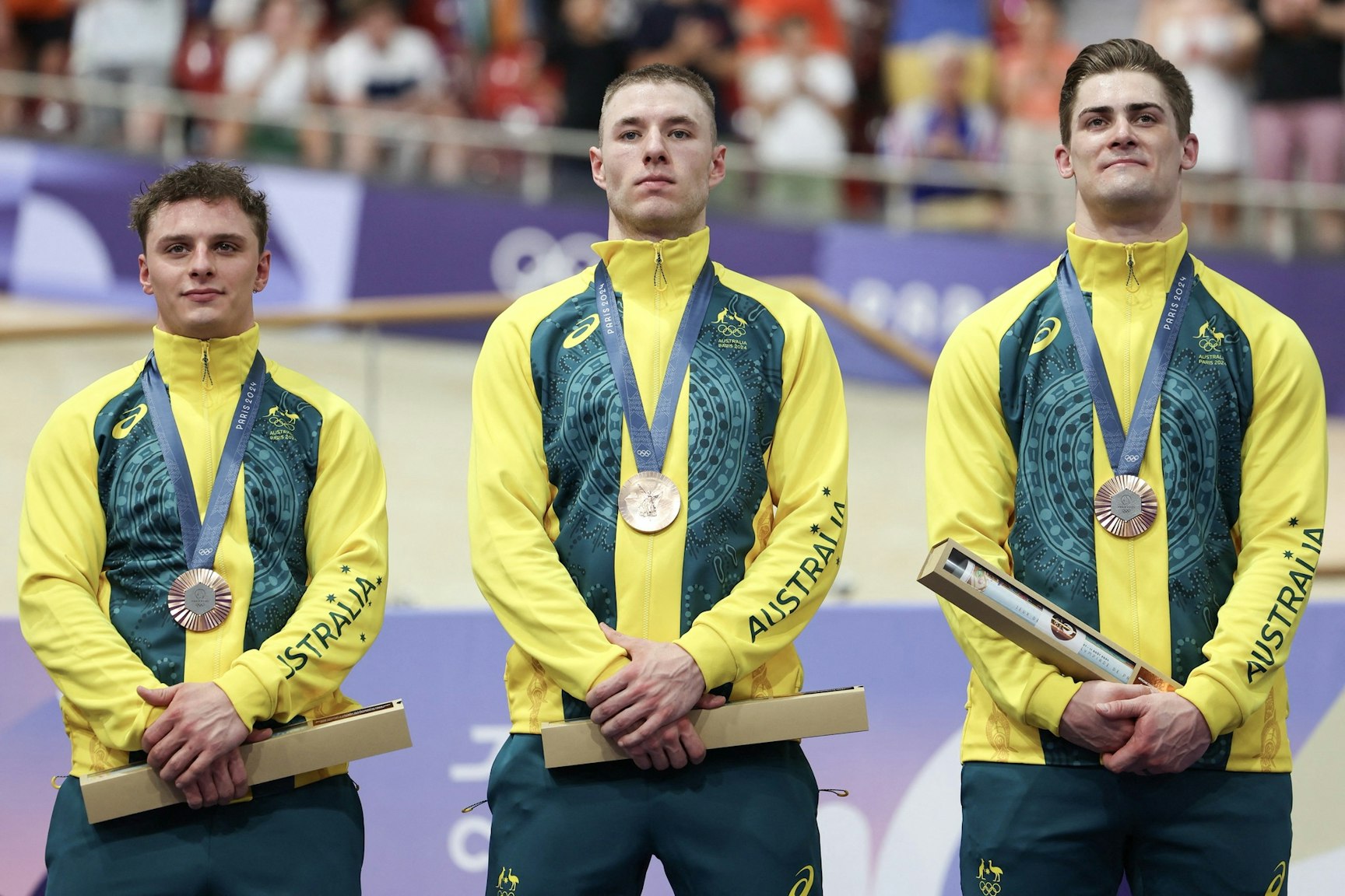 Matthew Richardson, Leigh Hoffman and Matthew Glaetzer after winning team sprint bronze at the Paris 2024 Olympic Games. Picture: Thomas Samson/Getty Images.