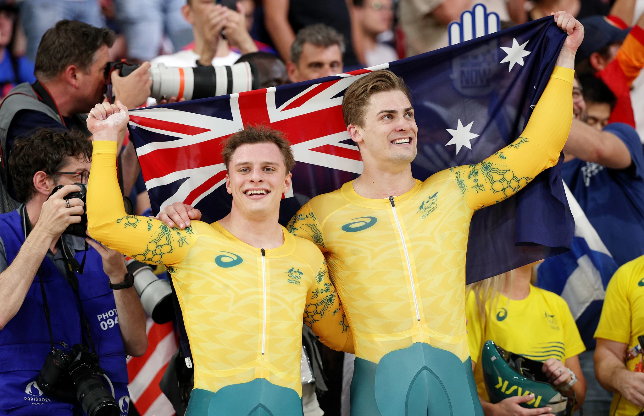 Matthew Richardson and Matthew Glaetzer celebrate after winning silver and bronze in the keirin at the Paris 2024 Olympic Games. Picture: Jared C. Tilton/Getty Images.
