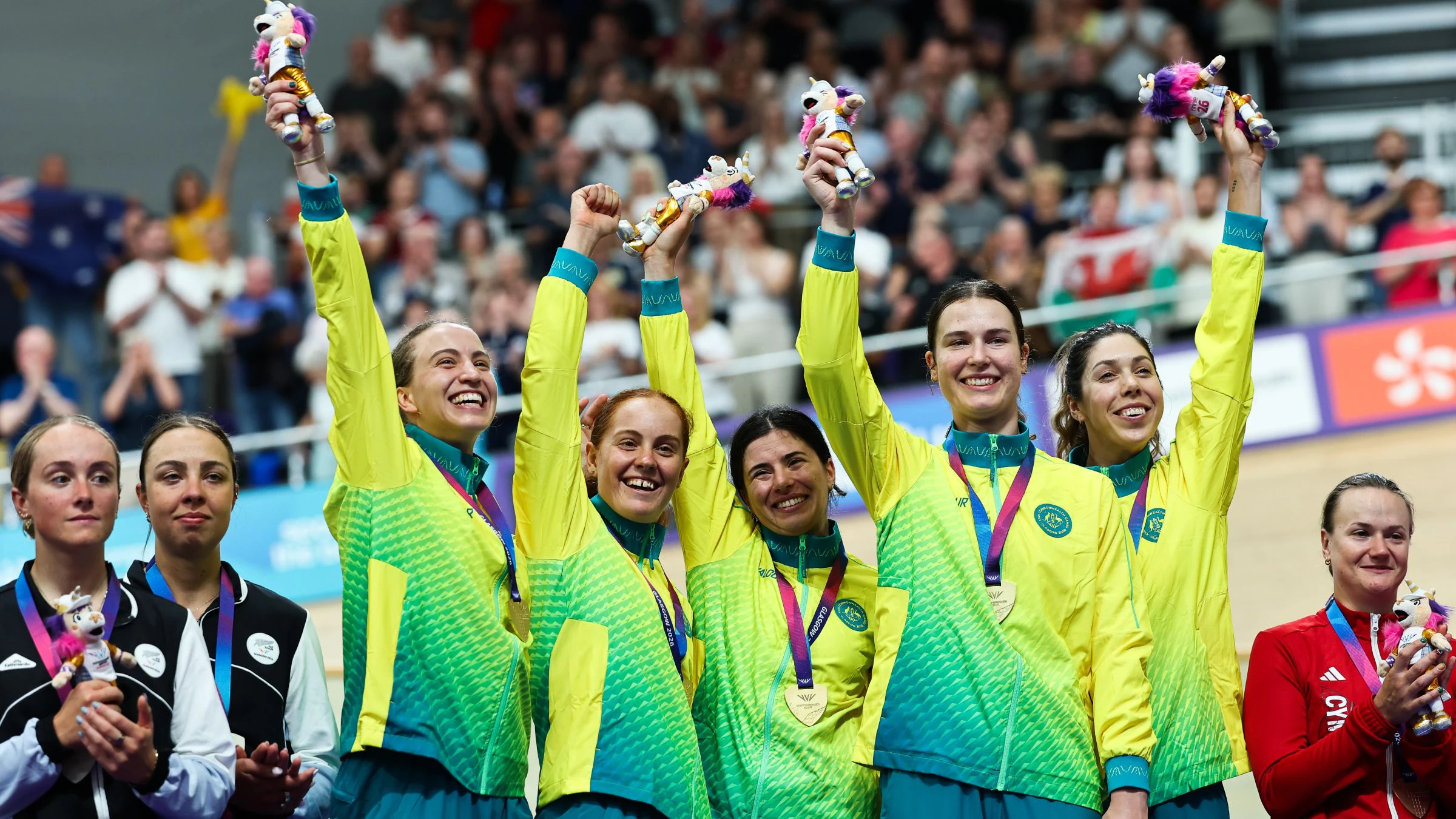 Australia's women team pursuit celebrate their gold medals at the Glasgow 2026 Commonwealth Games