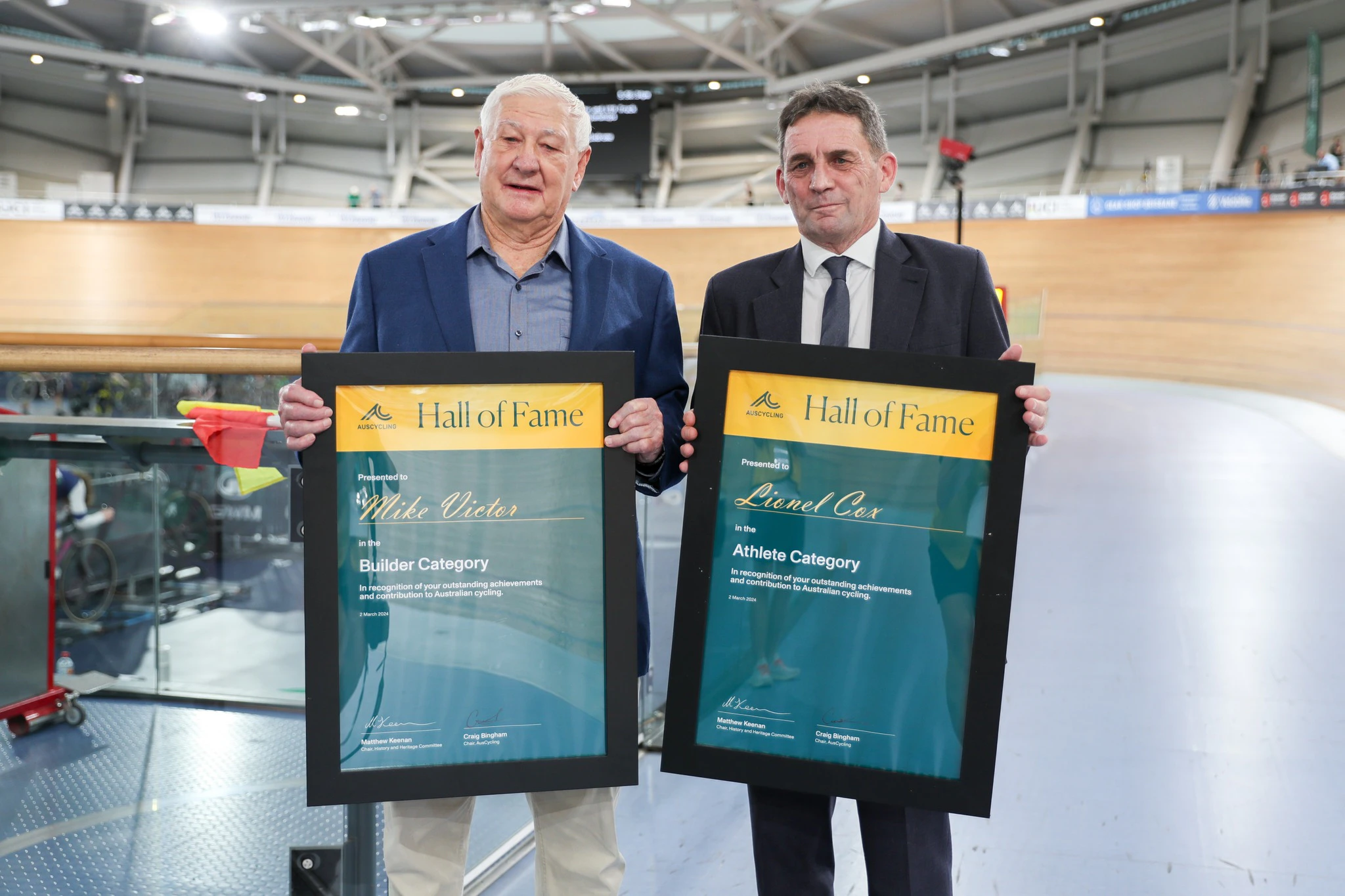 Mike Victor and Lionel Cox were announced as the newest inductees to the AusCycling Hall of Fame on Saturday night at the 2024 AusCycling Track National Championships in Brisbane.