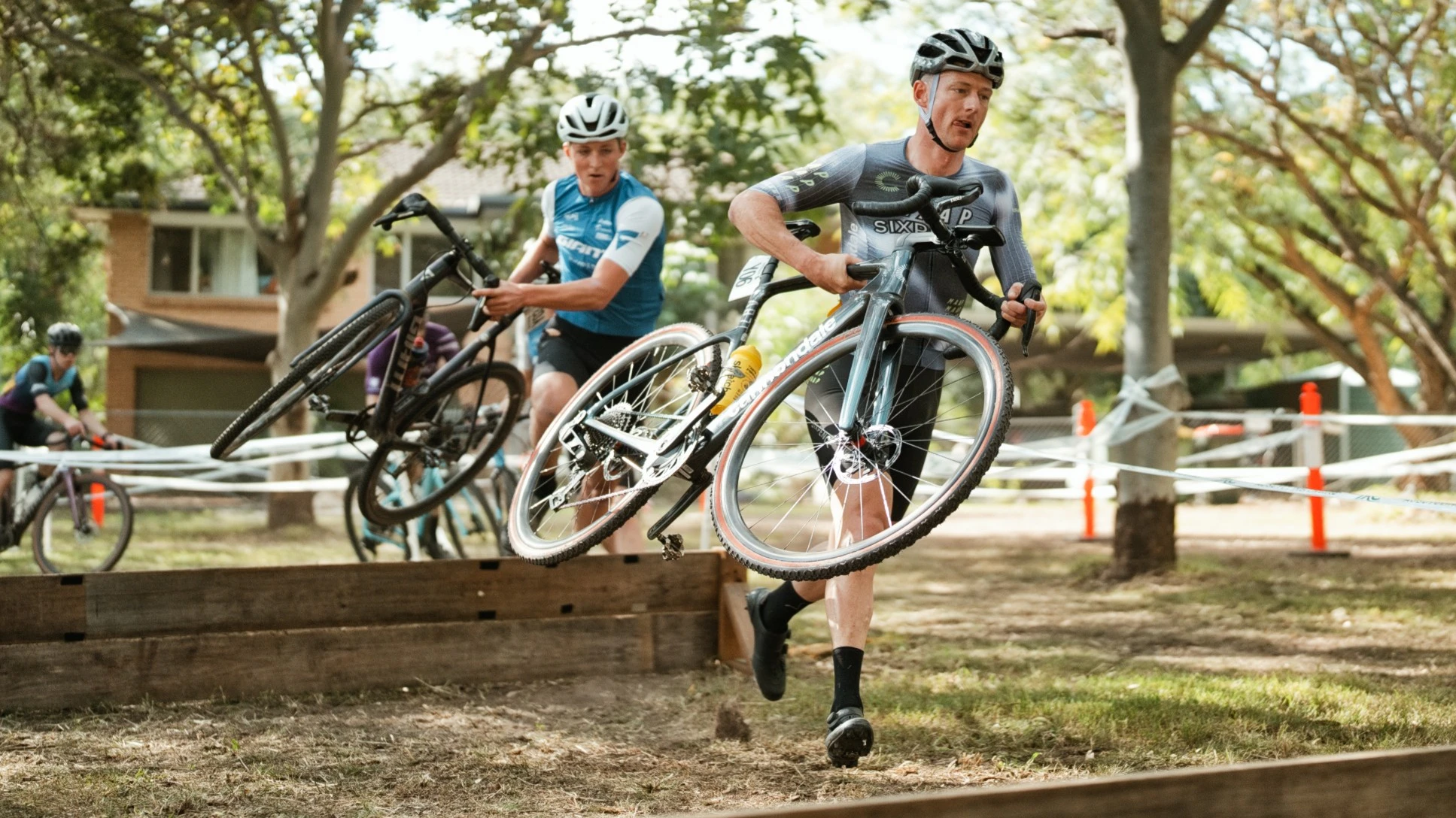Garry Millburn jumps the barriers as he leads the elite men's race in the AusCycling Cyclo-cross National Series Round 6 2026 Ipswich CX