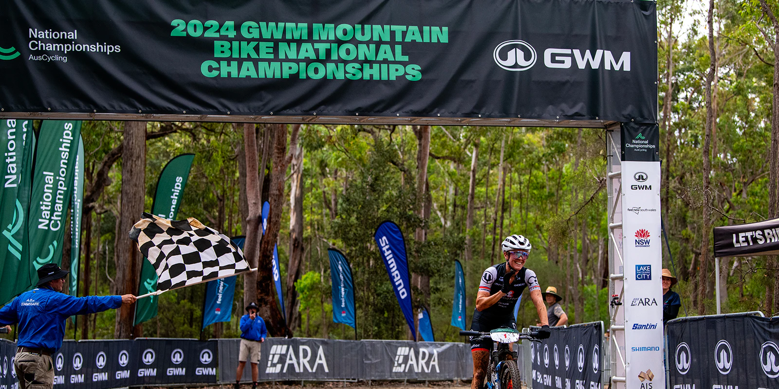 Cyclist finishing 2024 GWM Mountain Bike National Championships