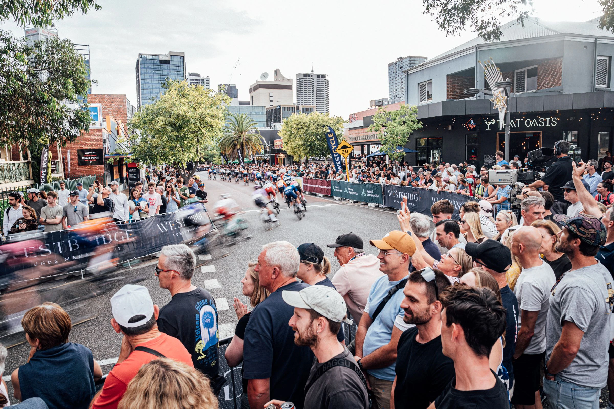 Crowds lining the streets of Northbridge during the criteriums of the Westbridge Funds Road National Championships in Perth, 2026