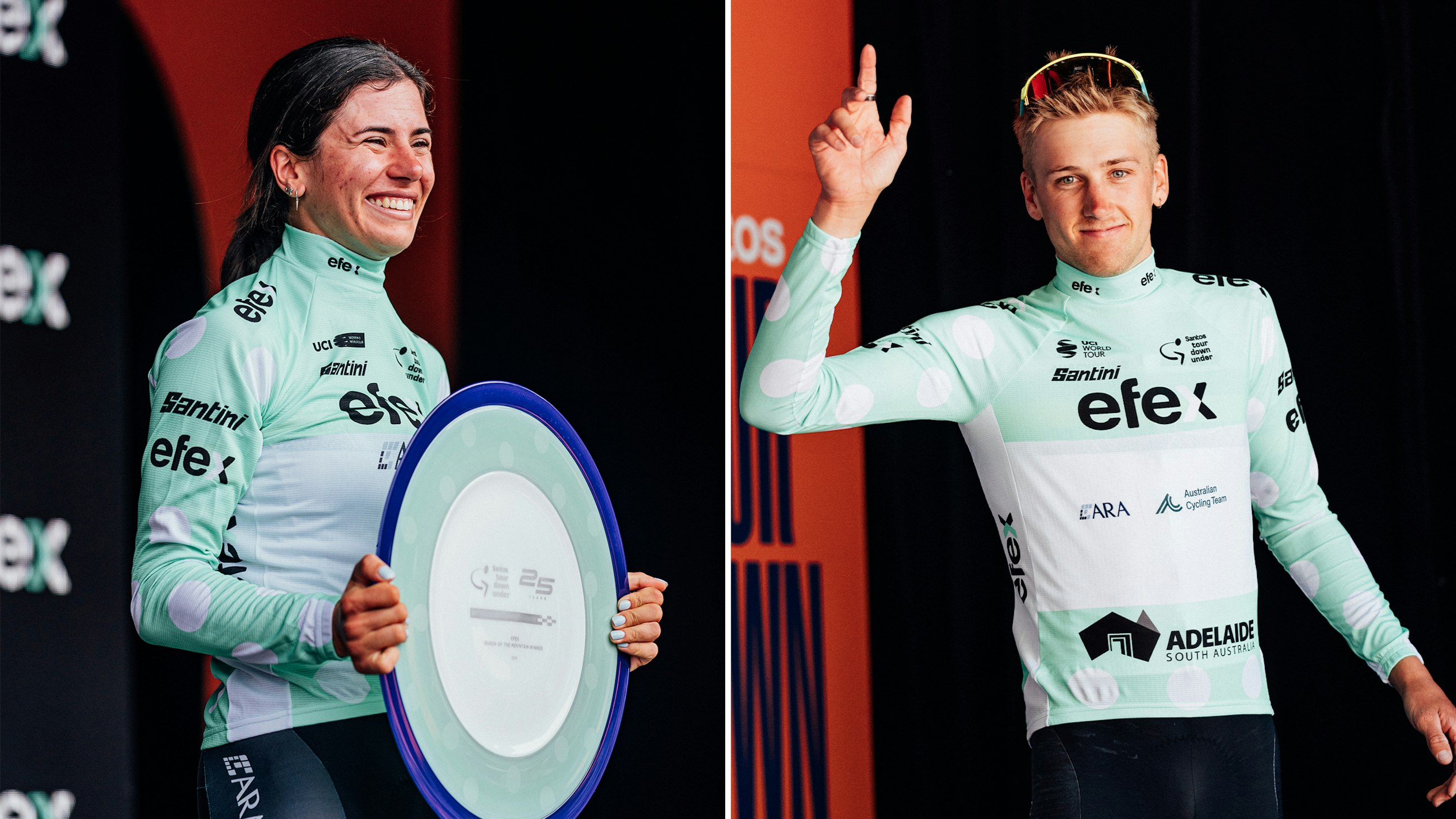 Alyssa Polites and Fergus Browning, winners of the king and queen of the mountains jersey at the 2025 Santos Tour Down Under for the ARA Australian Cycling Team