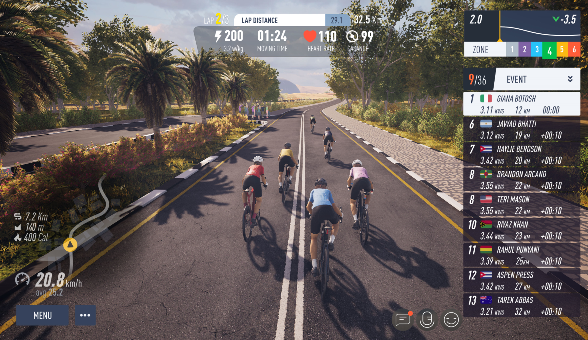 A screenshot of the MyWhoosh virtual cycling platform, which will host the 2024 UCI Cycling Esports World Championships