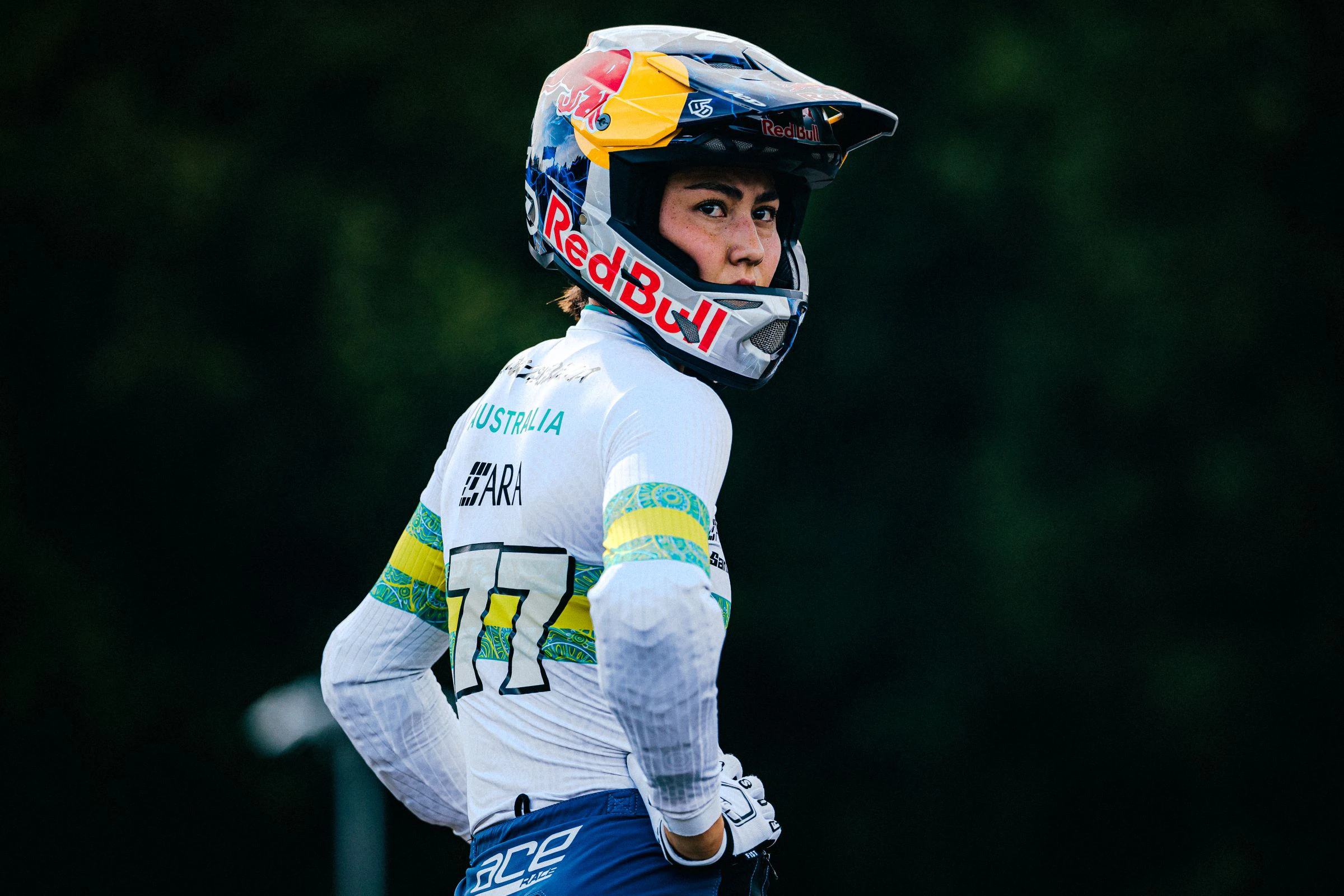 Saya Sakakibara looks focused as she prepares to compete for the ARA Australian Cycling Team at the 2025 UCI BMX Racing World Championships in Copenhagen, Denmark. Alex Whitehead / SWpix.com