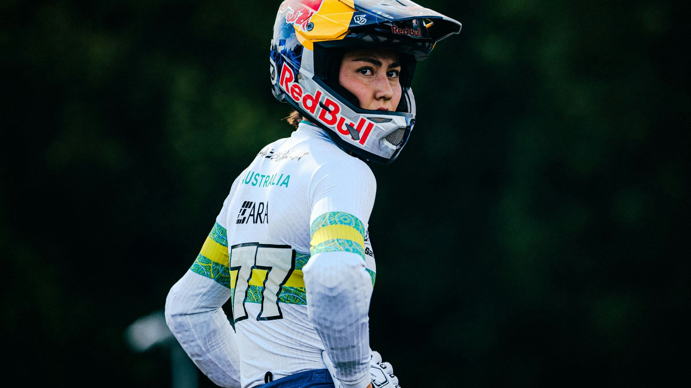 Saya Sakakibara looks focused as she prepares to compete for the ARA Australian Cycling Team at the 2025 UCI BMX Racing World Championships in Copenhagen, Denmark. Alex Whitehead / SWpix.com