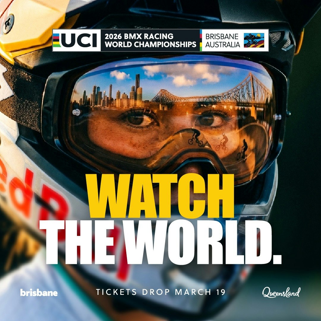 Saya Sakakibara, Australian BMX racer, with the skyline of Brisbane and racers on the Brisbane SX BMX Track, superimposed with the logo of the 2026 UCI BMX Racing World Championships in Brisbane and the words "Watch the World"