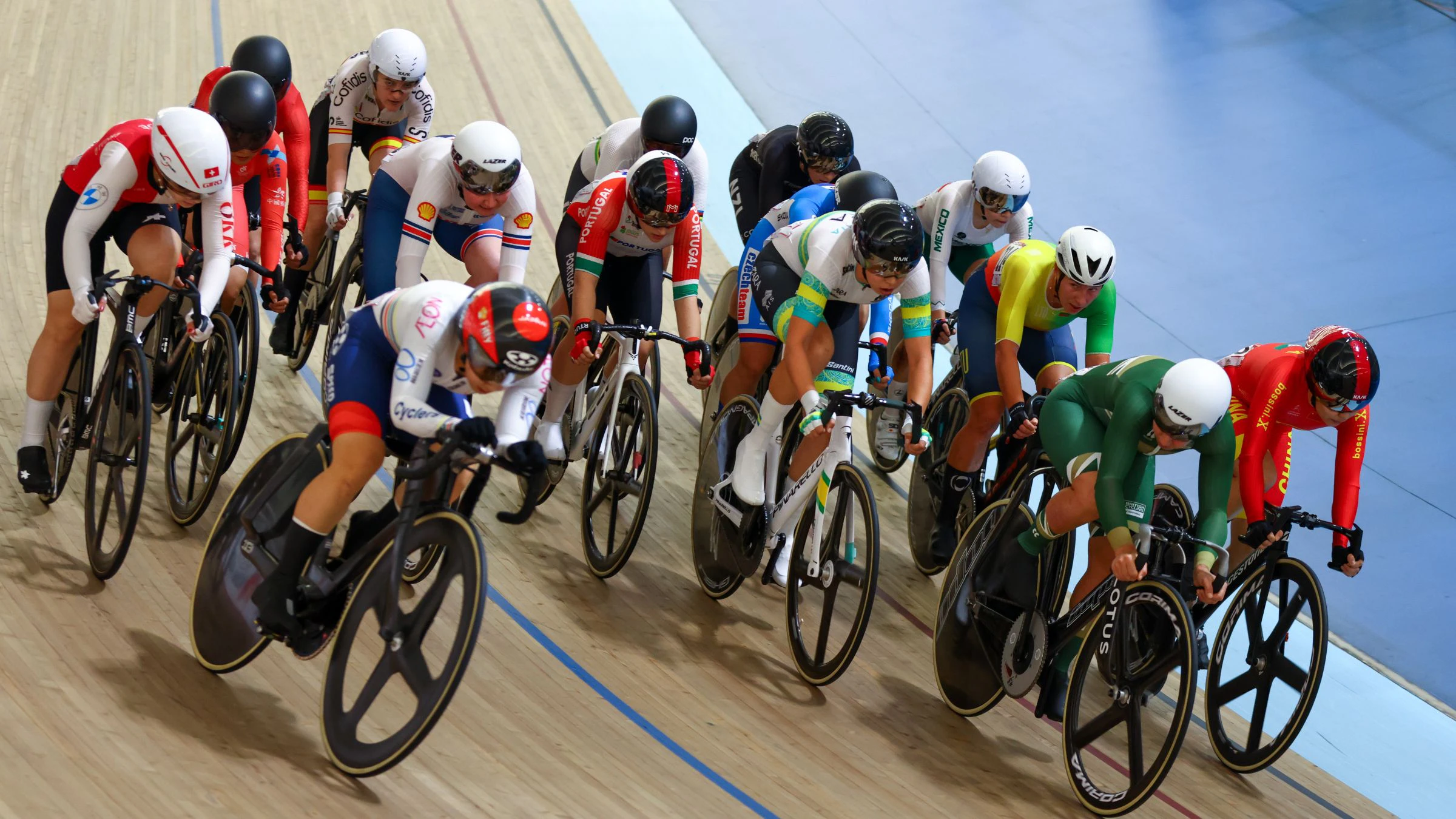 Cyclists from many nations compete together in a UCI Track Nations Cup or World Cup in a track cycling on a velodrome in Australia