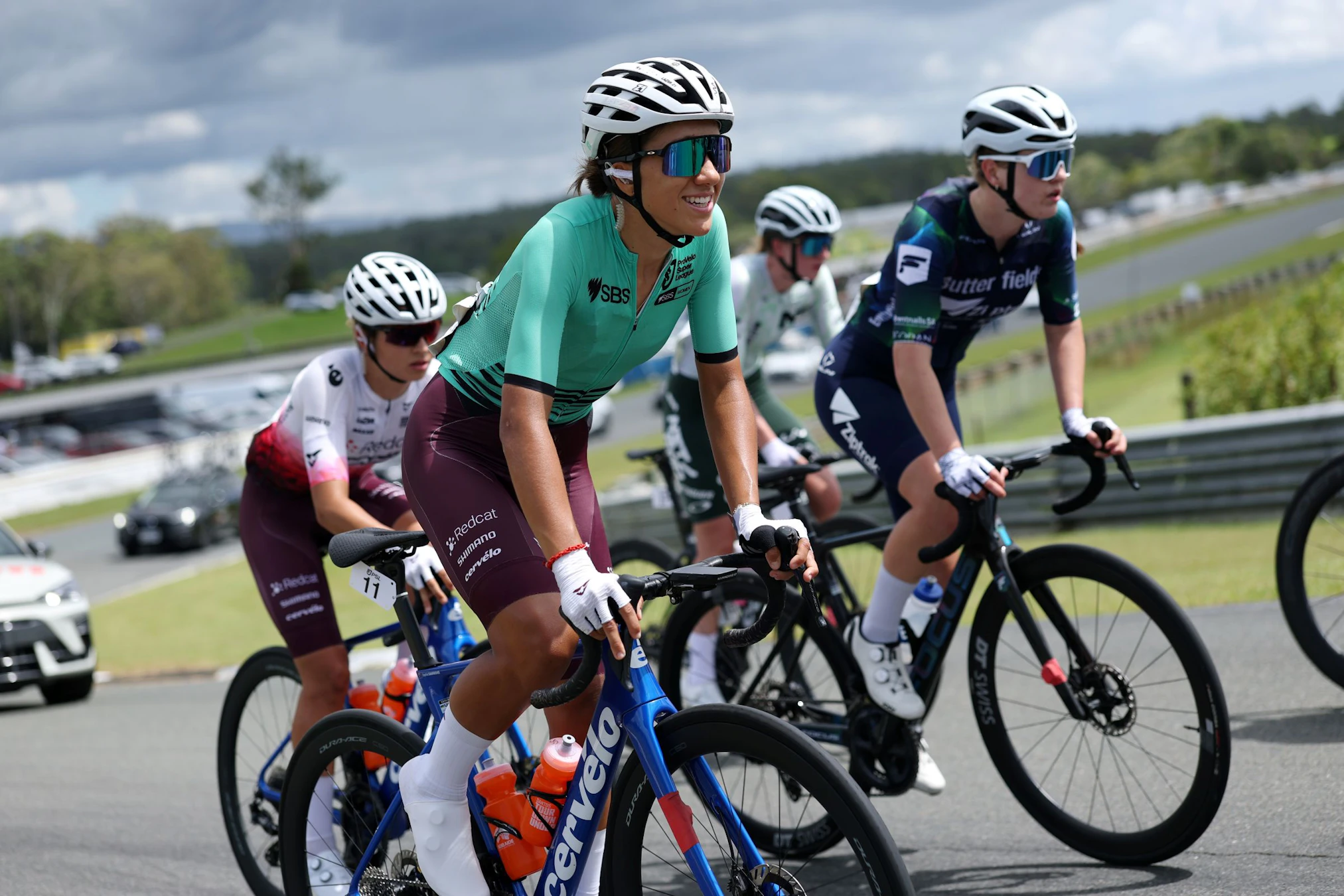 Sophia Sammons racing the Q Tour in the PSL ProVelo Super League leader's jersey 2026