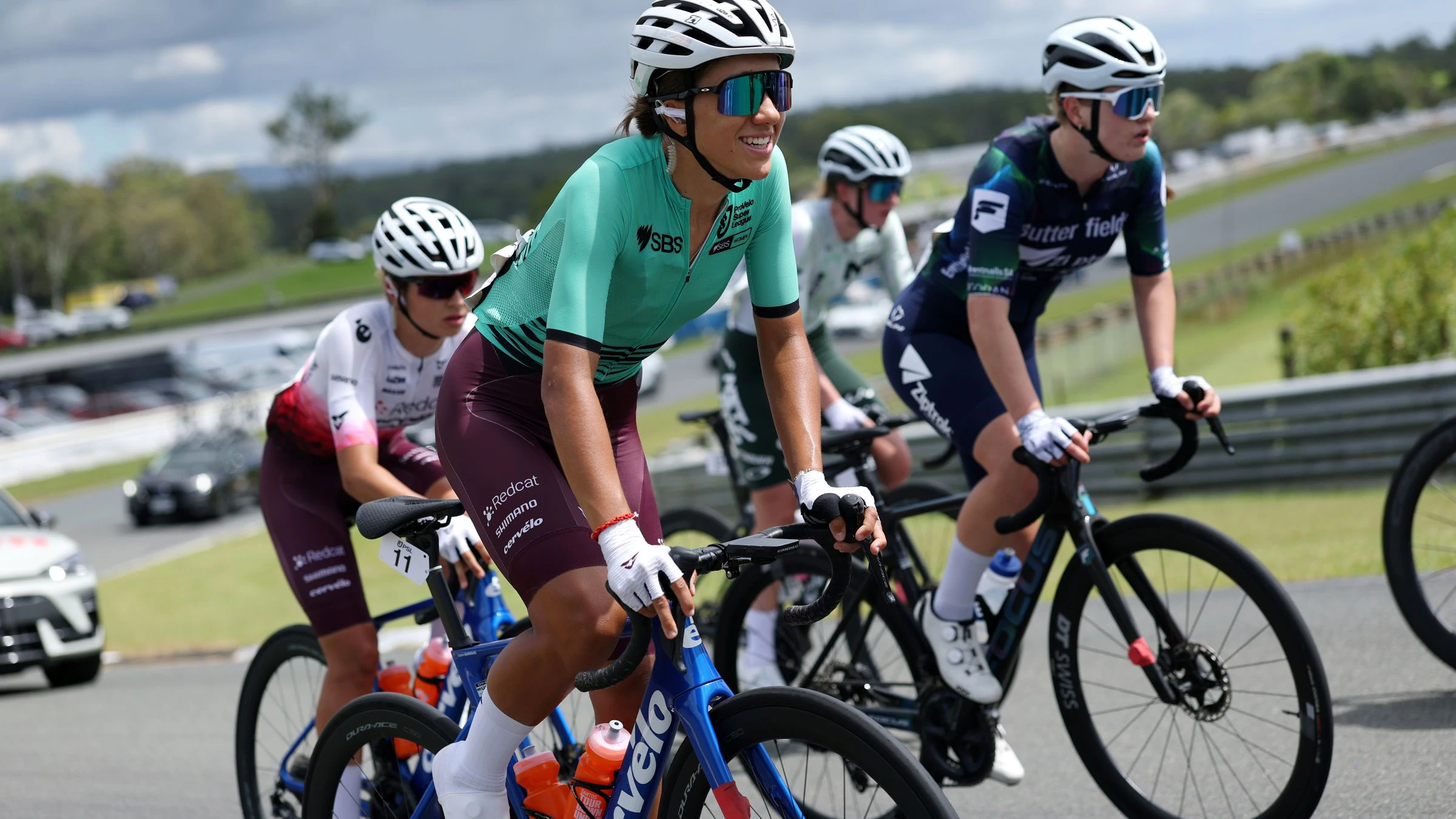 Sophia Sammons racing the Q Tour in the PSL ProVelo Super League leader's jersey 2026