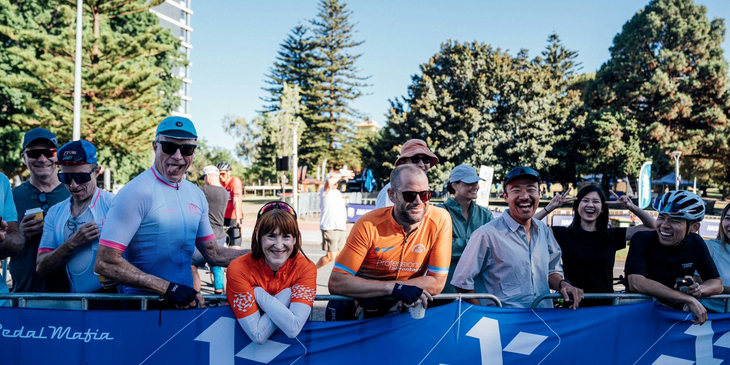 Spectators behind a Pedal Mafia sign at the 2025 AusCycling Road National Championships in Perth