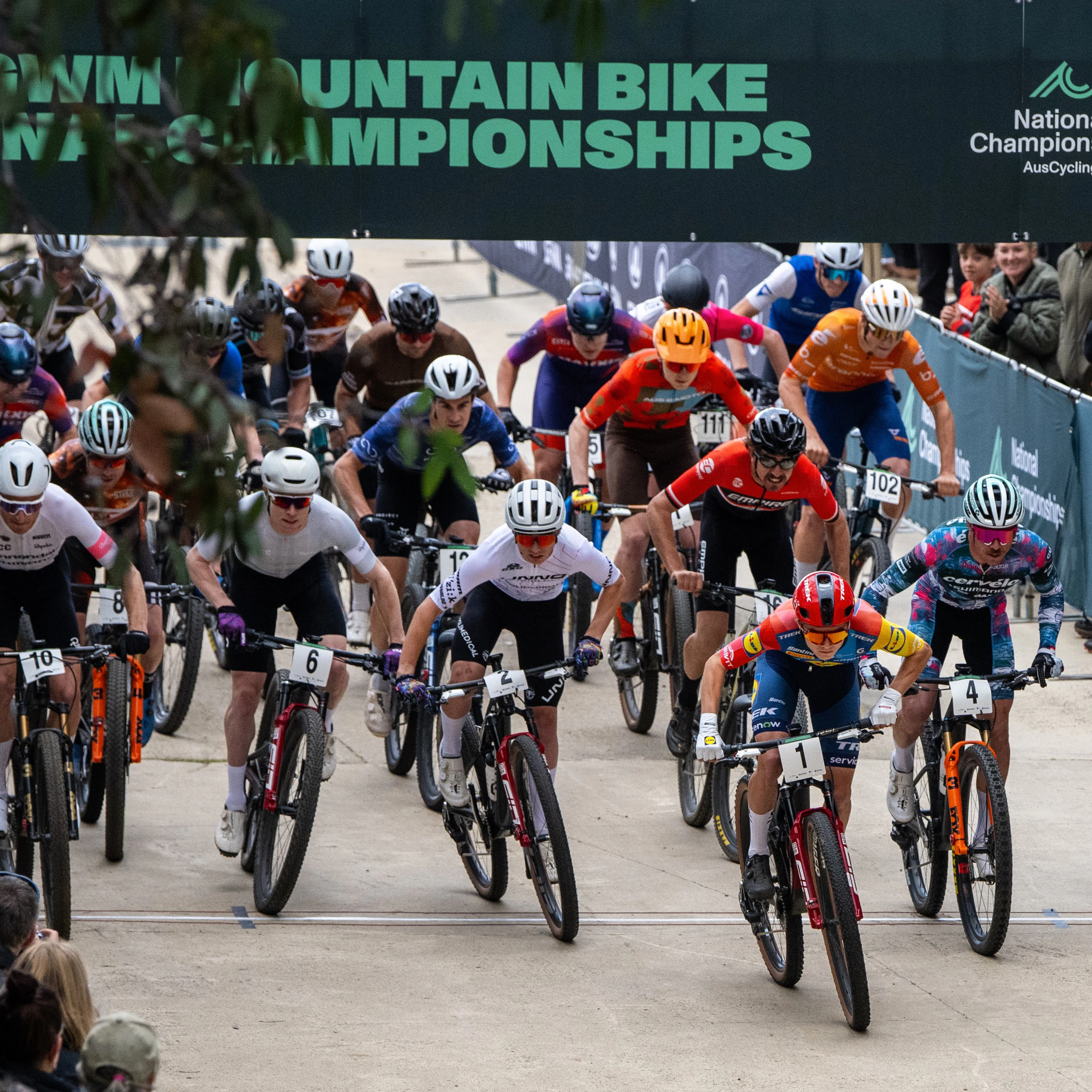 A mass start of a cross-country race at the AusCycling Mountain Bike National Championships
