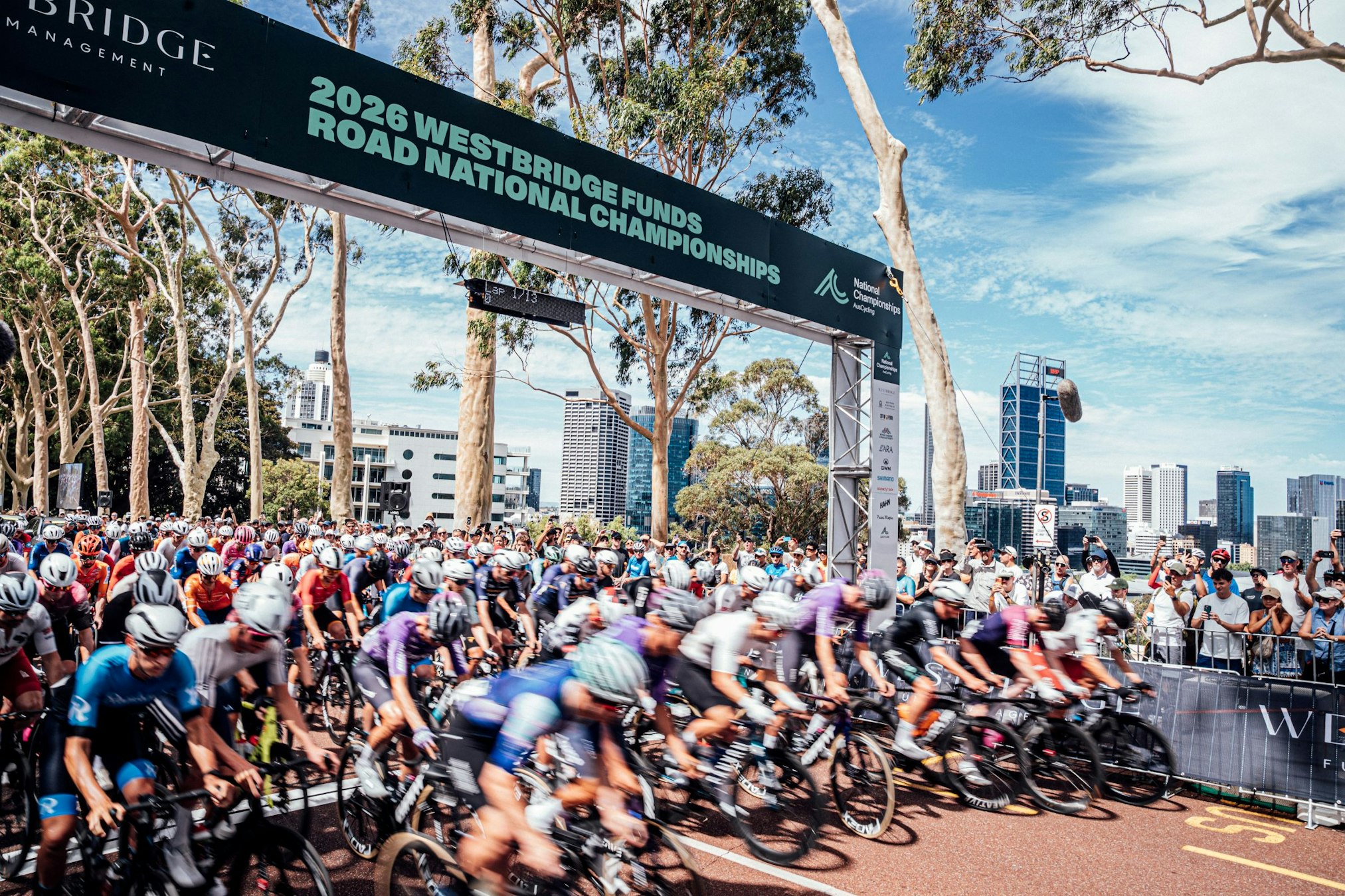 The start of the elite men's road race during the Westbridge Funds Road National Championships in Perth, 2026